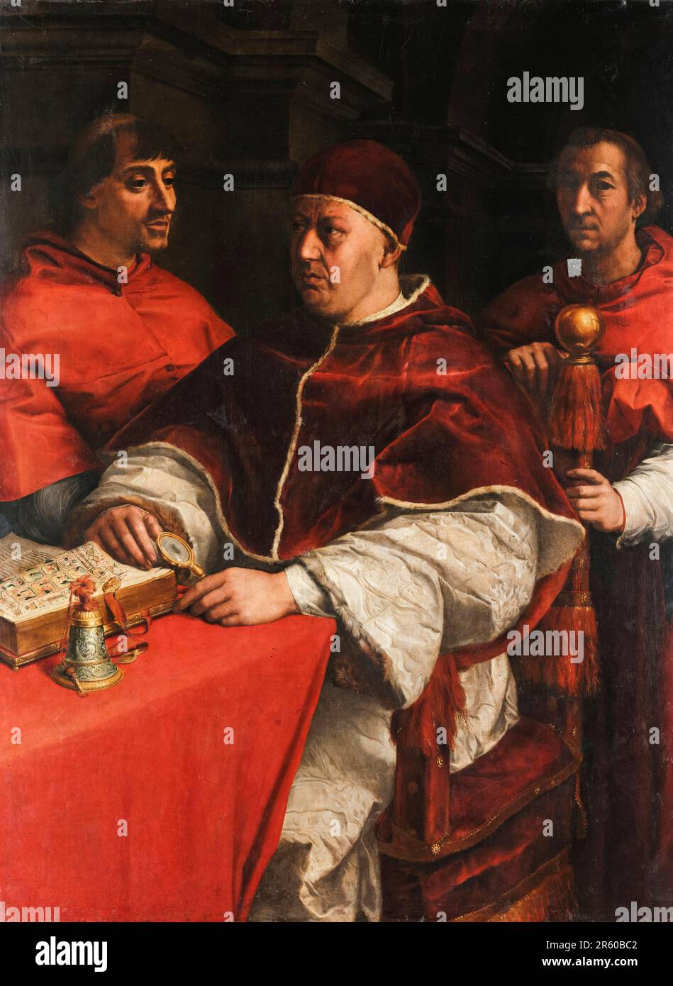 Papst Leo X (Giovanni de' Medici, 1475-1521), mit Giulio de' Medici (1478-1534) dem zukünftigen Papst Clement VII links und Luigi de Rossi (1474-1519) seinem Cousin rechts, Porträt in Öl von Andrea del Sarto nach Raphael, 1523 Stockfoto