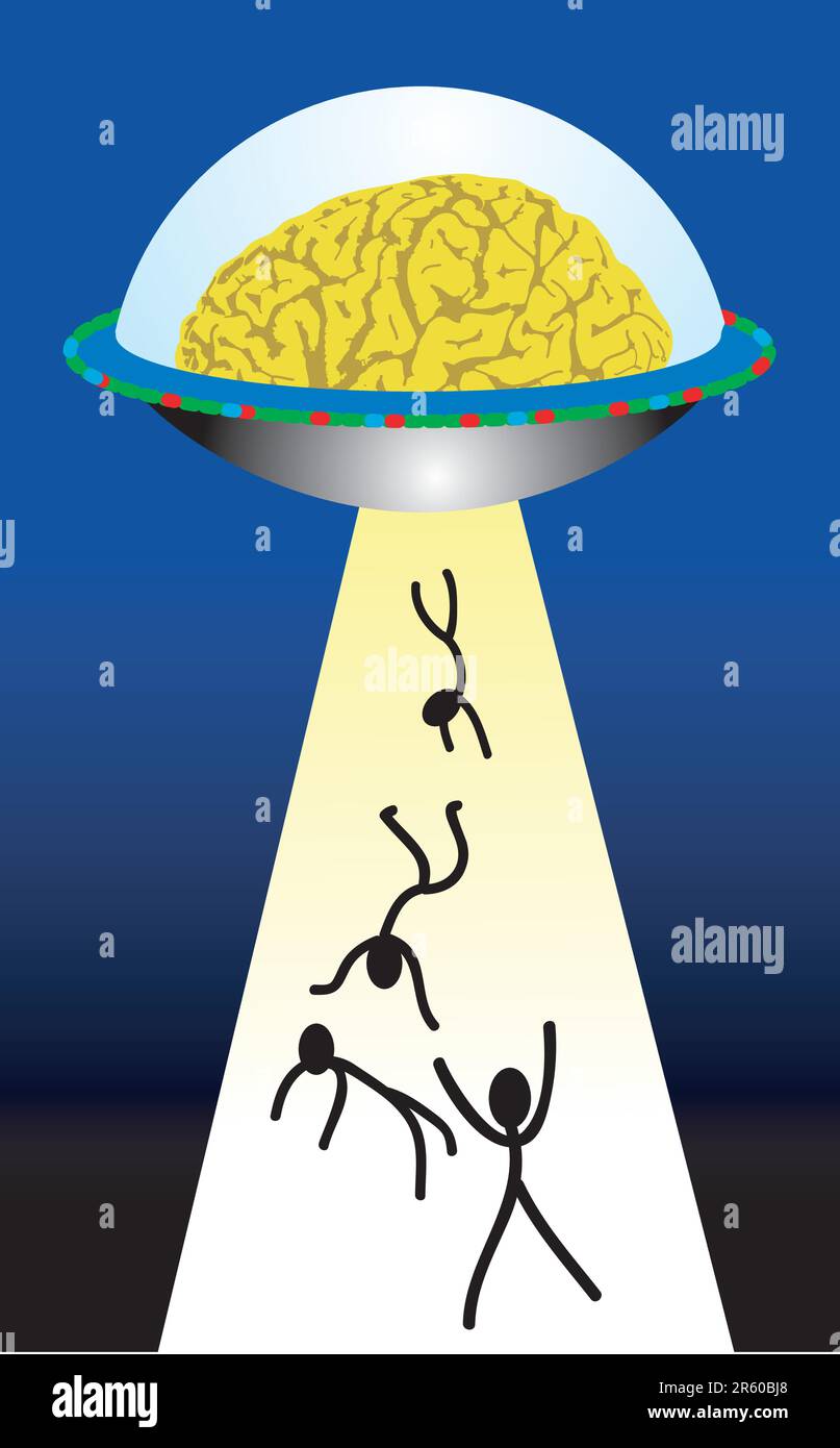 vektordarstellung für ein Gehirn-UFO, das versucht, die menschliche Fantasie zu saugen Stock Vektor