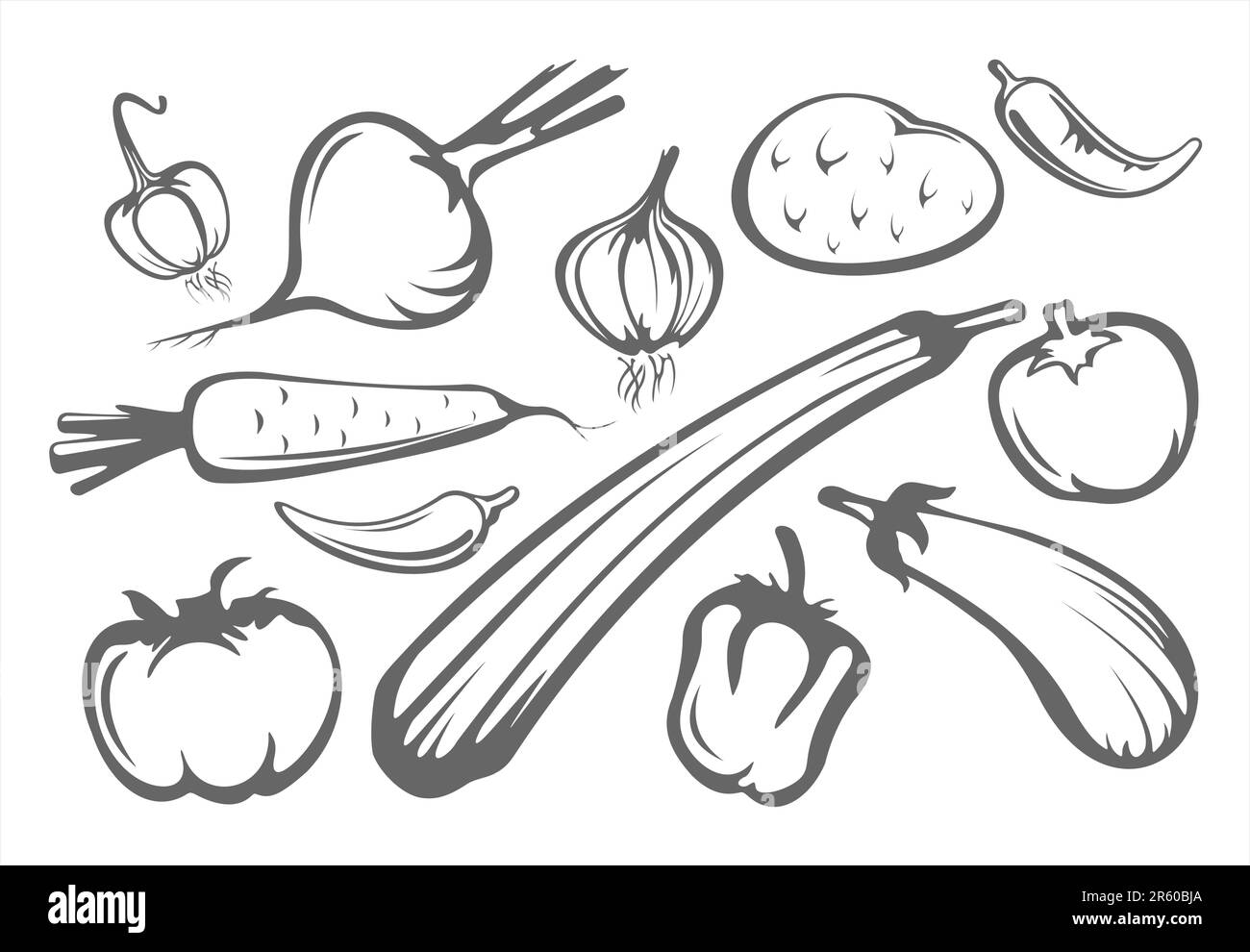 Die stilisierten Tomaten, Pfeffer, Aubergine, Zwiebel, Knoblauch, Kartoffeln und Zucchini, isoliert auf weißem Hintergrund. Stock Vektor