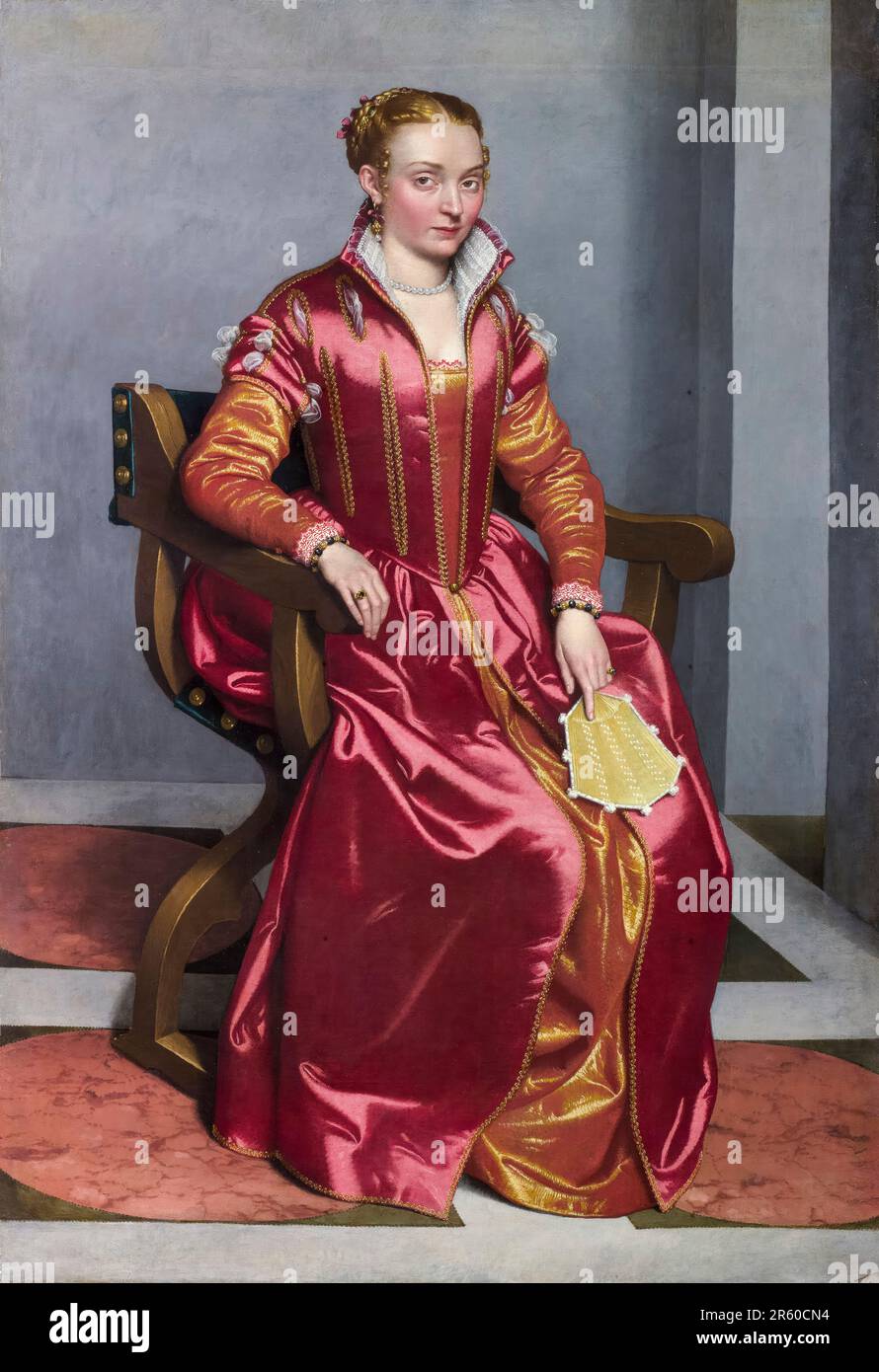 Porträt einer Dame (La Dama in Rosso), Ölgemälde auf Leinwand von Giovanni Battista Moroni, 1556-1560 Stockfoto