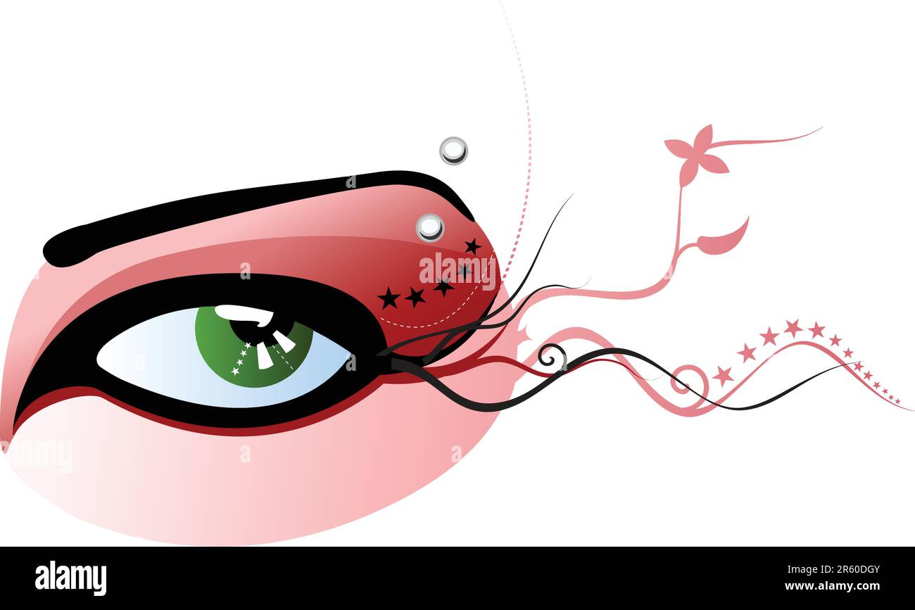 Vektordarstellung eines grünen Auges mit rotem Make-up und durchbohrter Augenbraue Stock Vektor