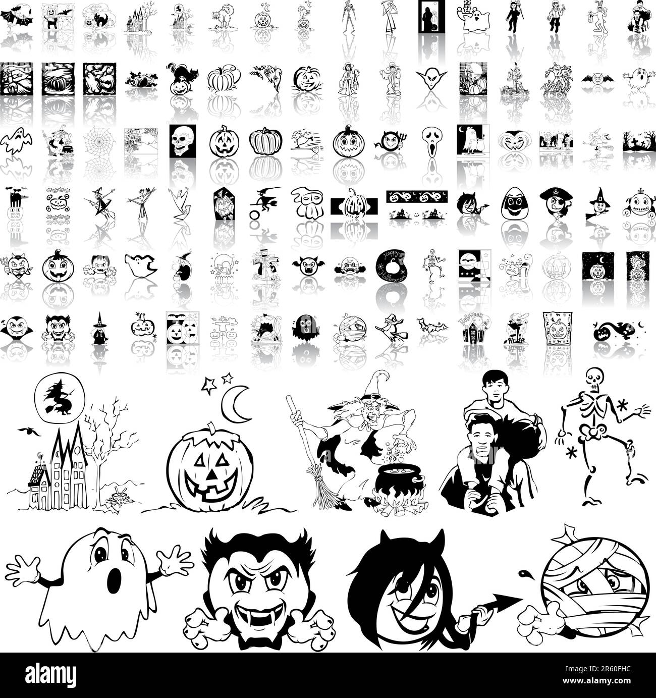 Halloween-Satz mit schwarzer Skizze. Teil 6. Isolierte Gruppen und Ebenen. Stock Vektor