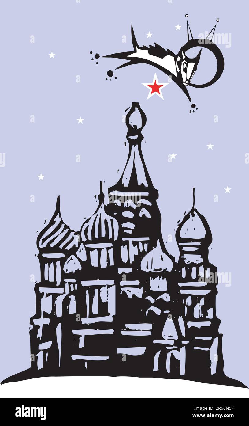 Laika der Kosmonaut Hund fliegen über dem Roten Platz und dem Kreml in Russland. Stock Vektor