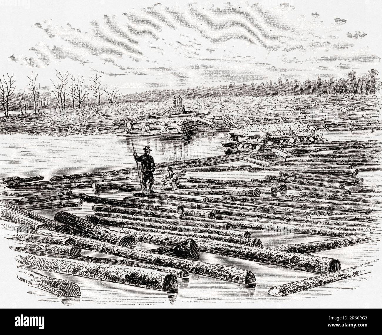 Der Holzhandel des Westens, Chicago, USA, wurde hier im 19. Jahrhundert gesehen. Unten am Bohrarm - ein Holzarm, auch als Holzzaun oder Holzbeutel bezeichnet, ist eine Barriere in einem Fluss, die entwickelt wurde, um schwimmende Baumstämme aus nahegelegenen Wäldern oder einen Ort, an dem Baumstämme in Booms gesammelt wurden, an der Mündung eines Flusses zu sammeln und zu enthalten. From America Revisited: From the Bay of New York to the Gulf of Mexico, veröffentlicht 1886. Stockfoto