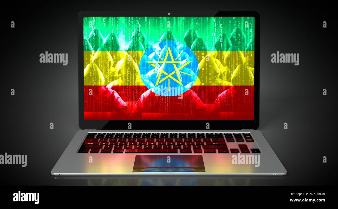 Äthiopien – Landesflagge und Hacker auf dem Laptop-Bildschirm – Cyberangriffskonzept Stockfoto