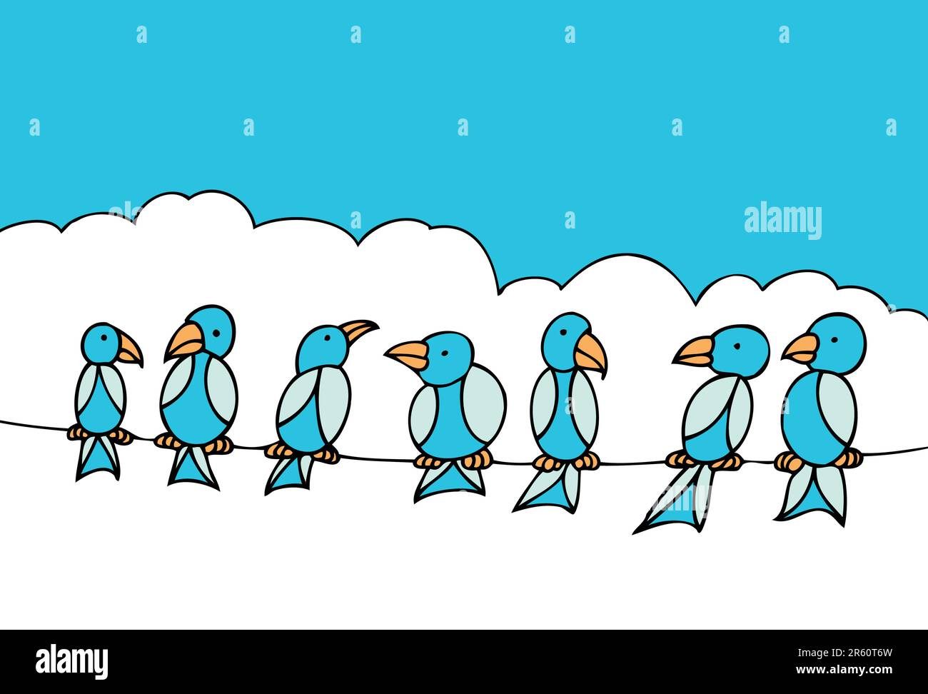 Eine Gruppe Vögel, die an einem Telefonkabel hängen. Stock Vektor