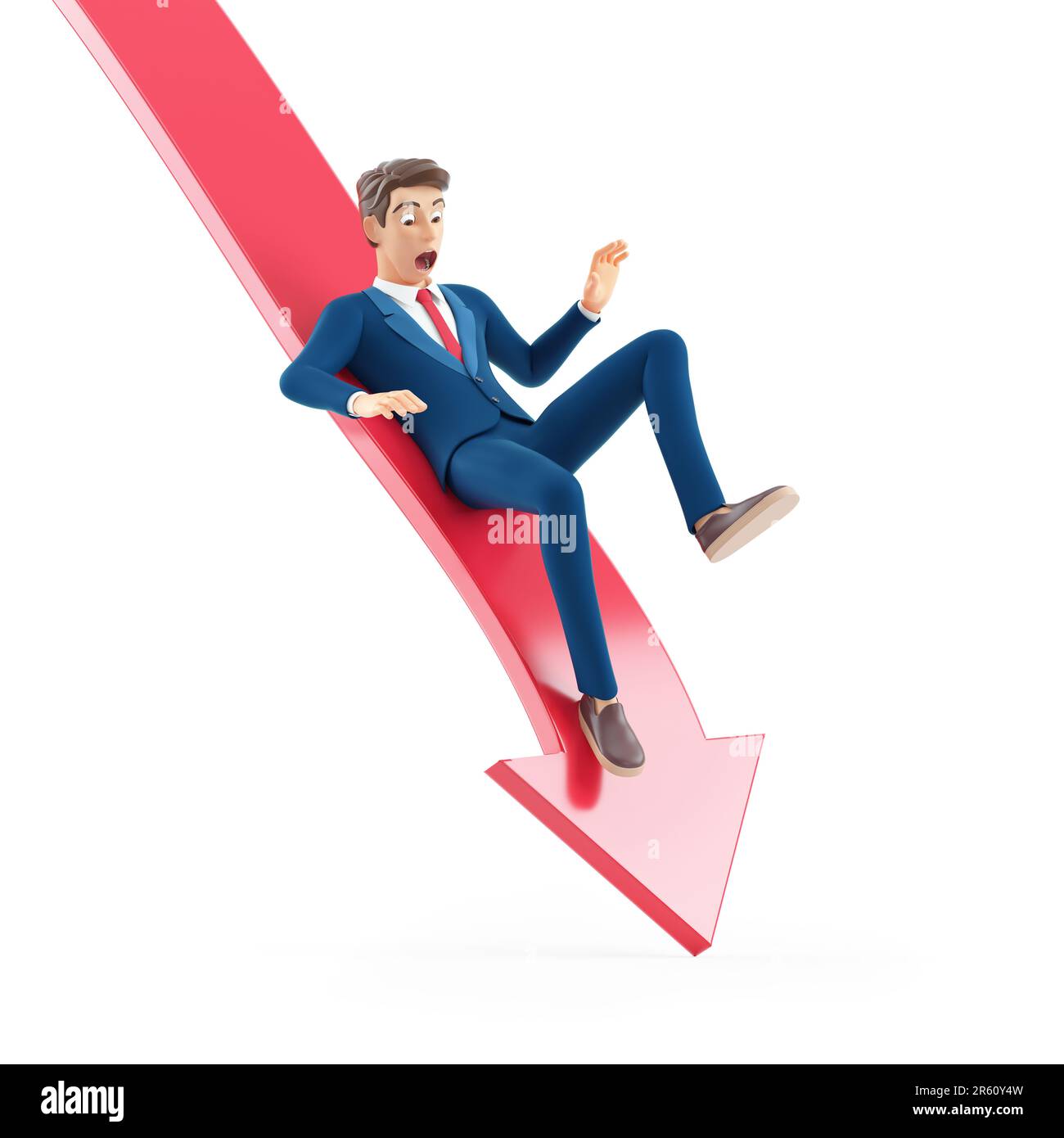 3D Cartoon-Geschäftsmann fällt vom Abwärtspfeil, Darstellung isoliert auf weißem Hintergrund Stockfoto