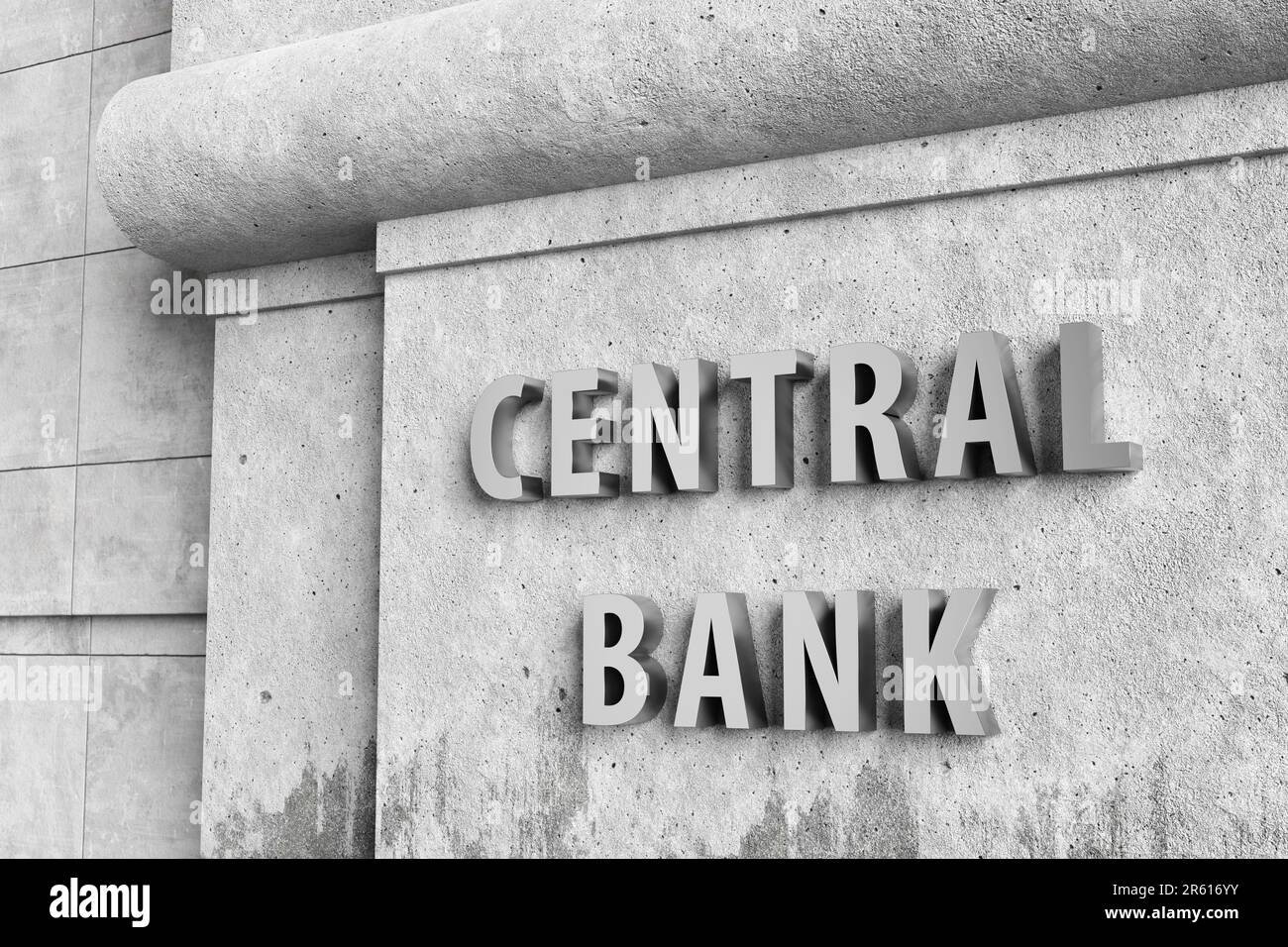 Glänzende silberne Beschilderung der Zentralbank auf einer alten Betonwand. Veranschaulichung des Konzepts der Geldpolitik und der föderalen Reserve Stockfoto