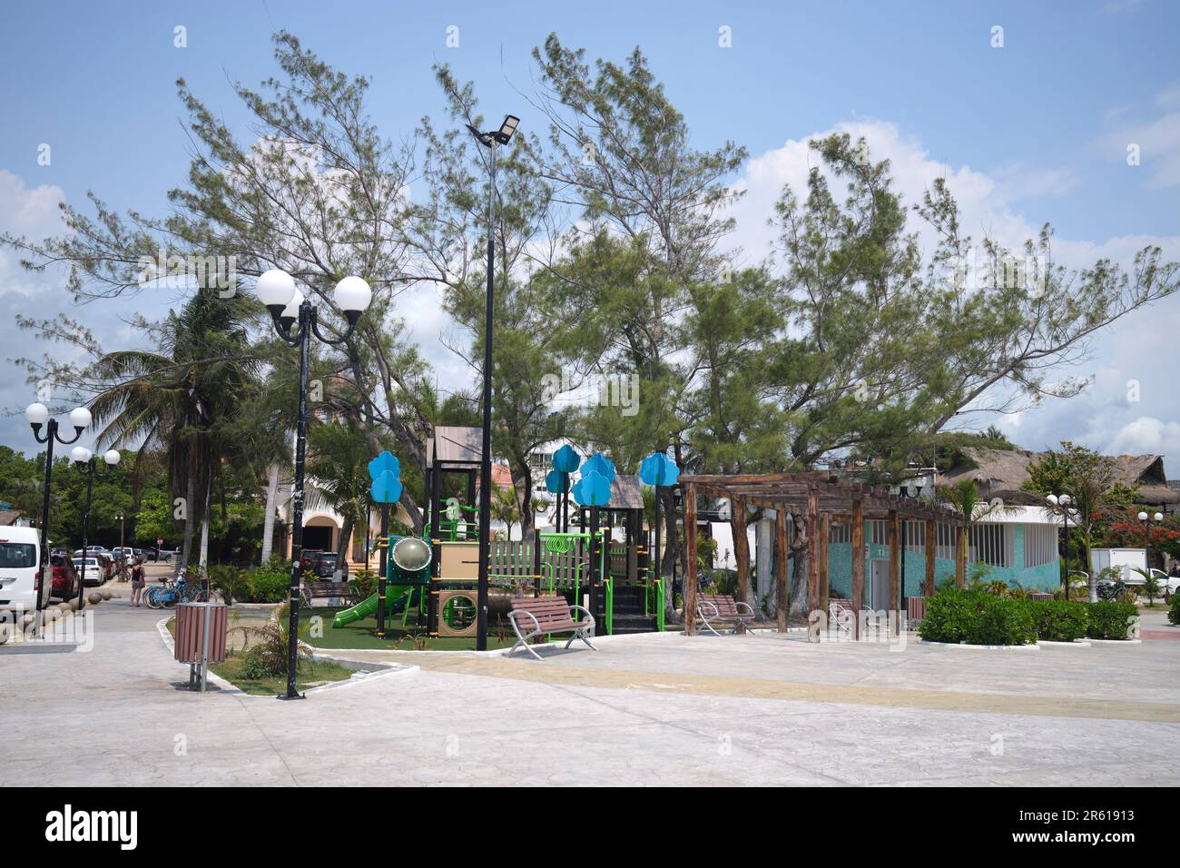 Central Plaza Jardin Principal Puerto Morelos Yucatan Mexiko Stockfoto
