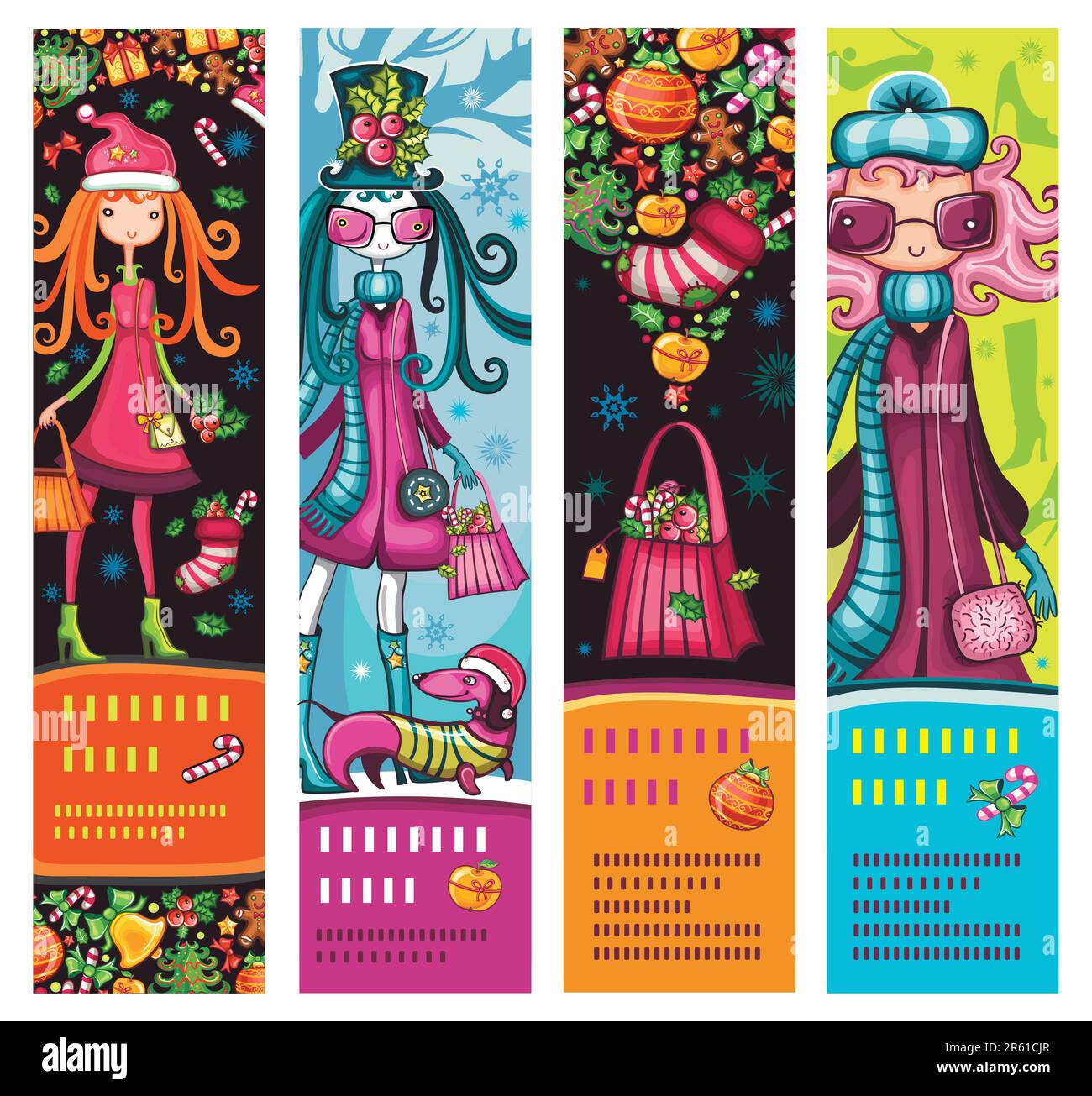 Vertikale Weihnachtsbanner mit Modemädchen, Einkaufstasche, Hund, Schuhen und vielen weihnachtsdekorationen. Mit Platz für Ihren Text. Stock Vektor