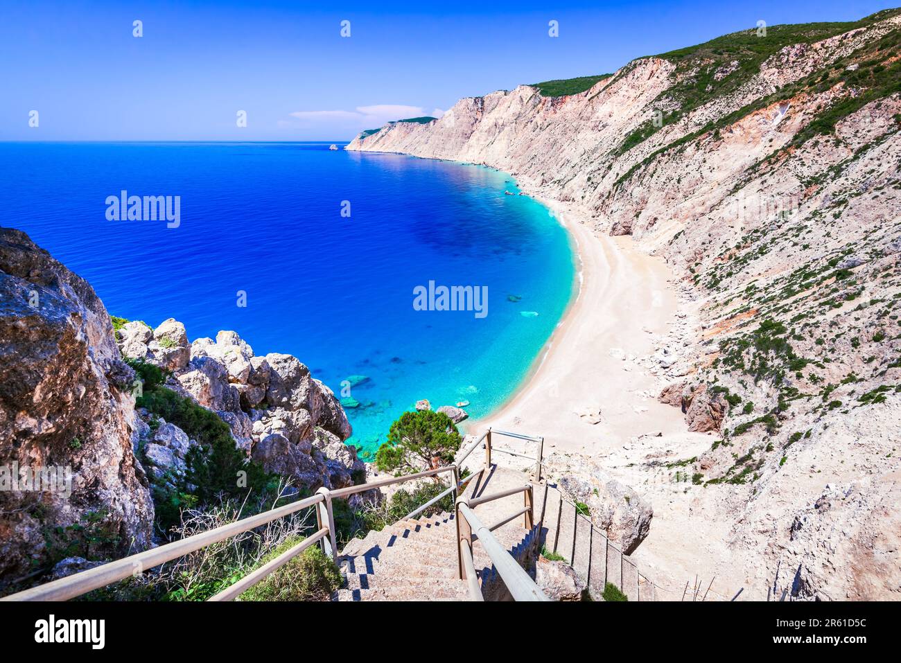 Kefalonia, Griechenland. Platia Ammos Beach, einer der schönsten Strände der Insel Cephalonia, griechische Sommerurlaubslandschaft. Stockfoto