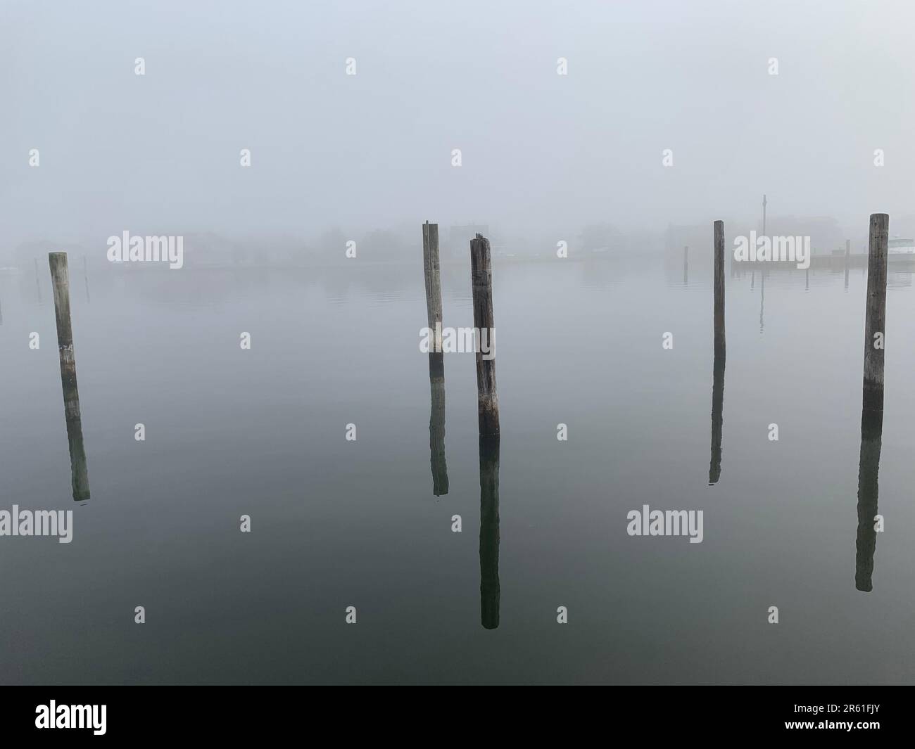 Fünf Pylonen stehen im Wasser und werden an einem nebligen Tag an den Docks auf der Oberfläche reflektiert Stockfoto