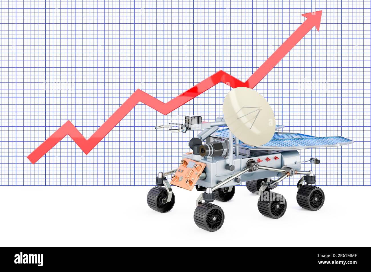 Planetenrover mit wachsendem Diagramm, 3D-Rendering Stockfoto