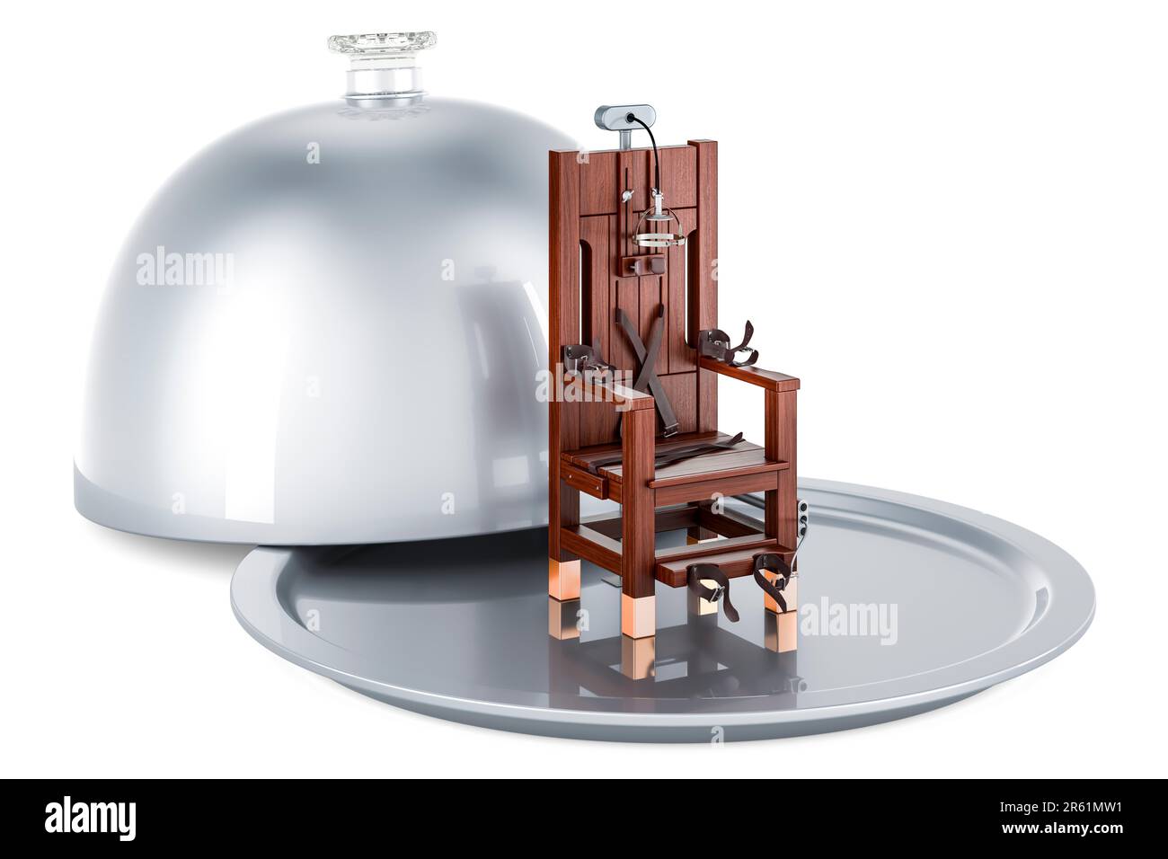 Restaurantglocke mit elektrischem Stuhl, 3D-Darstellung isoliert auf weißem Hintergrund Stockfoto