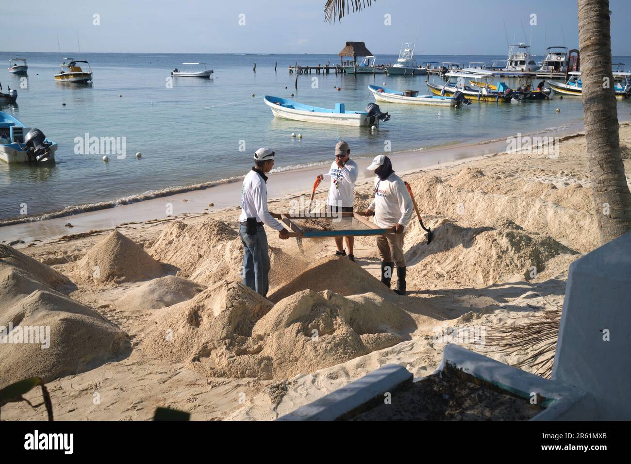 Blue Flag Arbeiter reinigen den Strand Sand in Puerto Morelos Yucatan Mexiko Stockfoto