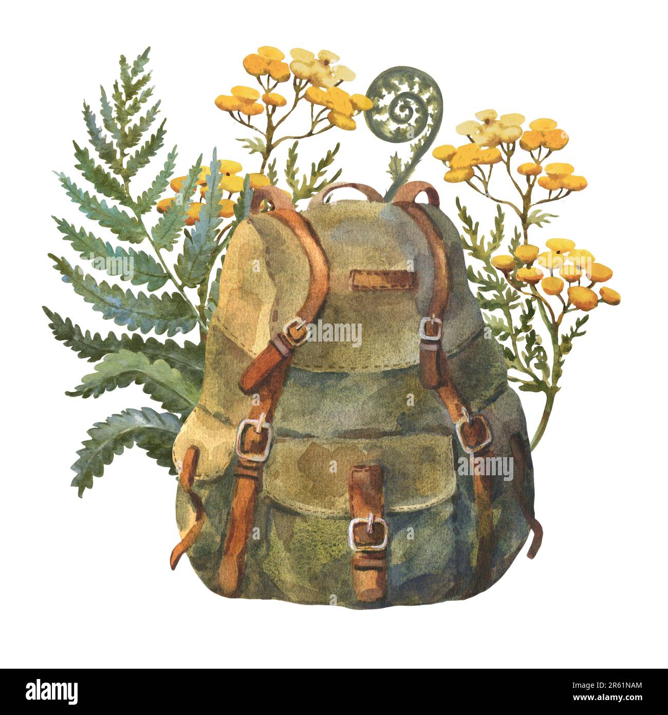 Aquarelle Darstellung eines alten Rucksacks mit gelben Blumen und grünem  Farn. Handgezogene Wanderausrüstung für Touristen, Retro Rucksack für  Reisen Stockfotografie - Alamy