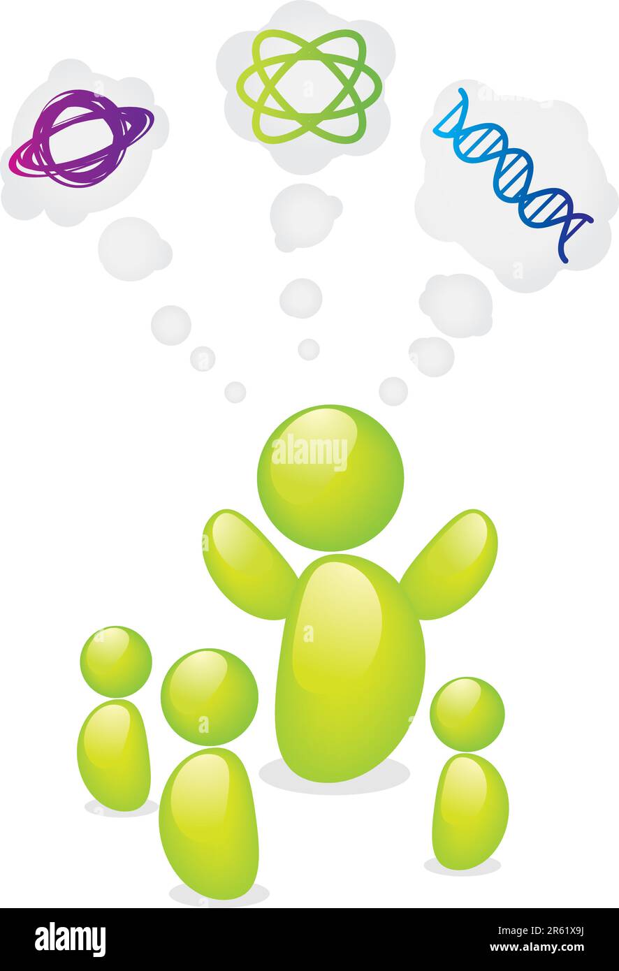 Eine stilisierte Szene eines Lehrers und seiner Klasse mit Symbolen im Zusammenhang mit der Wissenschaft. Stock Vektor