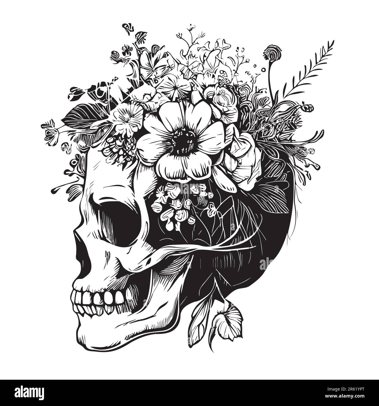 Der Schädel mit Blumen auf dem Kopf, der von Hand gezeichnet wurde, als Kritzelstil-Illustration Stock Vektor
