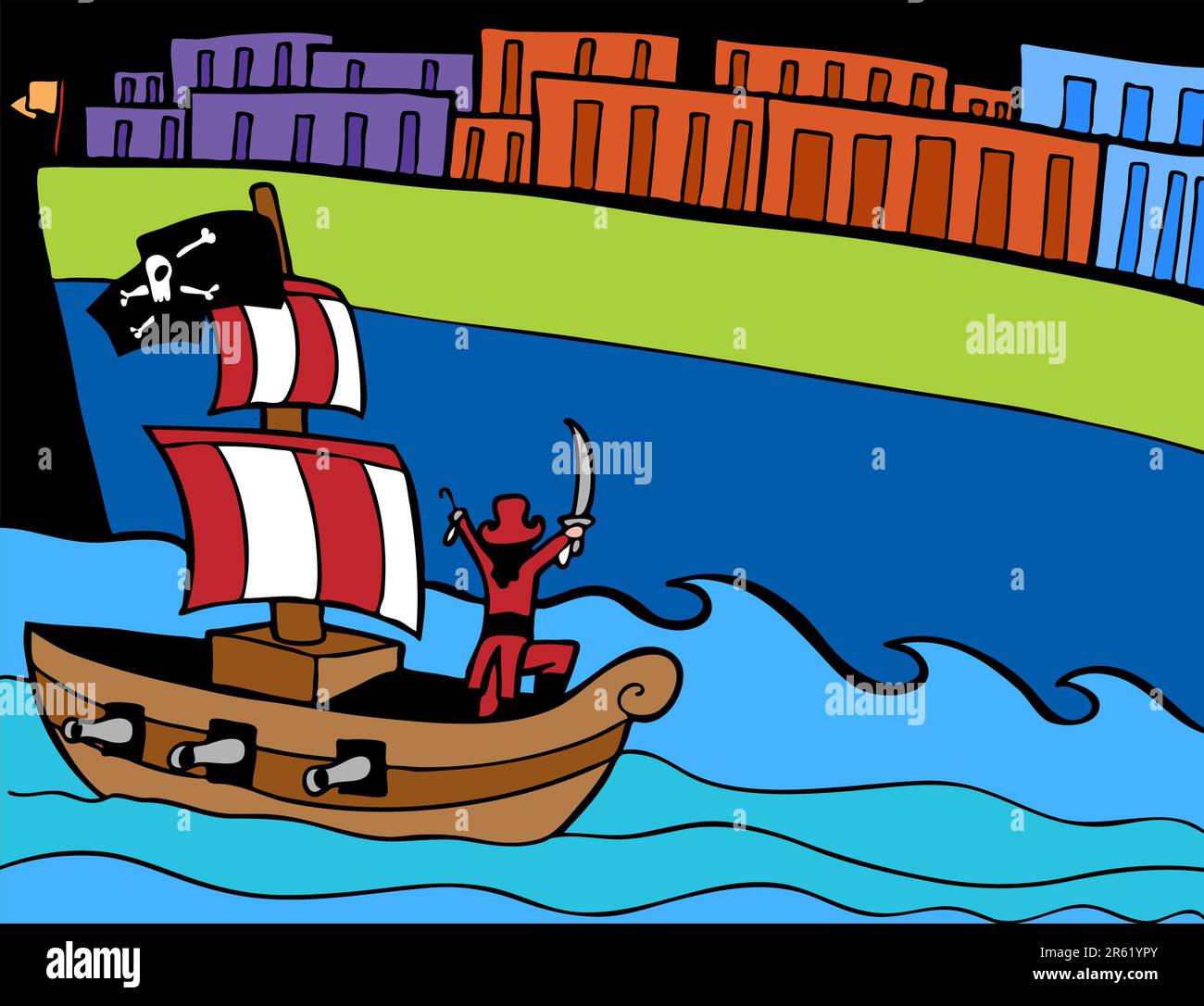 Bild des Piraten Angriff auf ein Frachtschiff. Stock Vektor