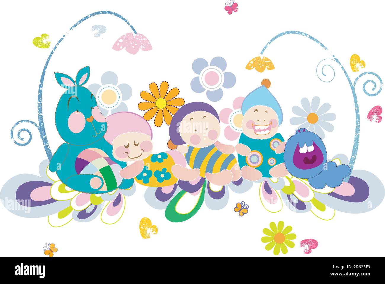 Eine Illustration von Babys und Herzen und Blumen. Stock Vektor