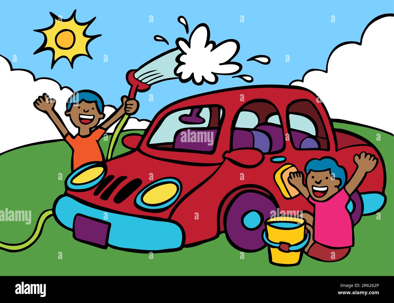 Comic-Bild von zwei Kinder, ein Auto zu waschen. Stock Vektor
