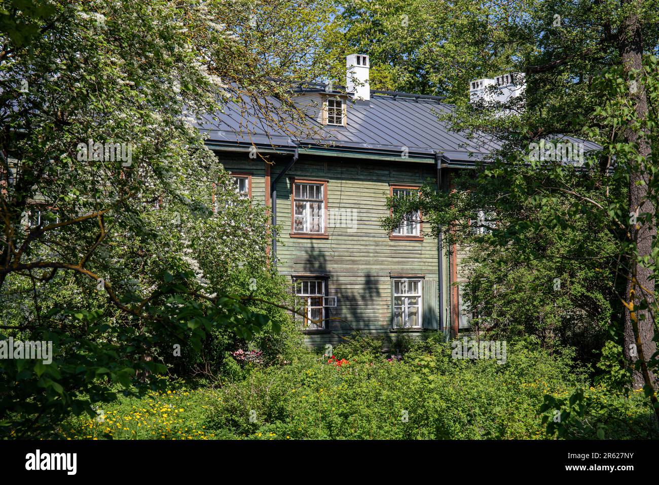 Wohngebäude aus Holz oder Haus hinter einem überwucherten Garten im Stadtteil Kopli in Tallinn, Estland Stockfoto