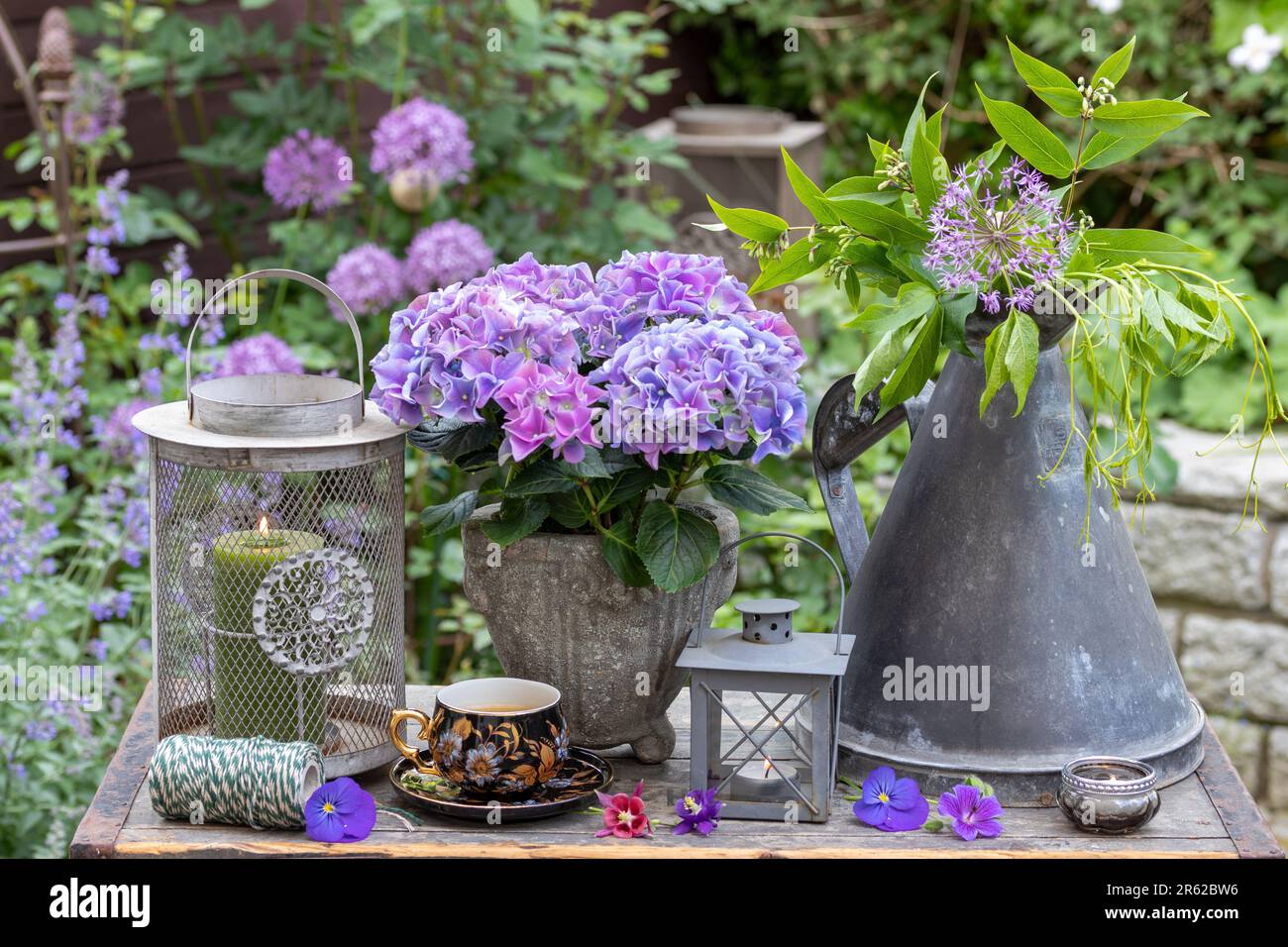 Klassisches Arrangement mit Porzellan-Kaffeetasse, Hortensien-Blume und Laternen Stockfoto