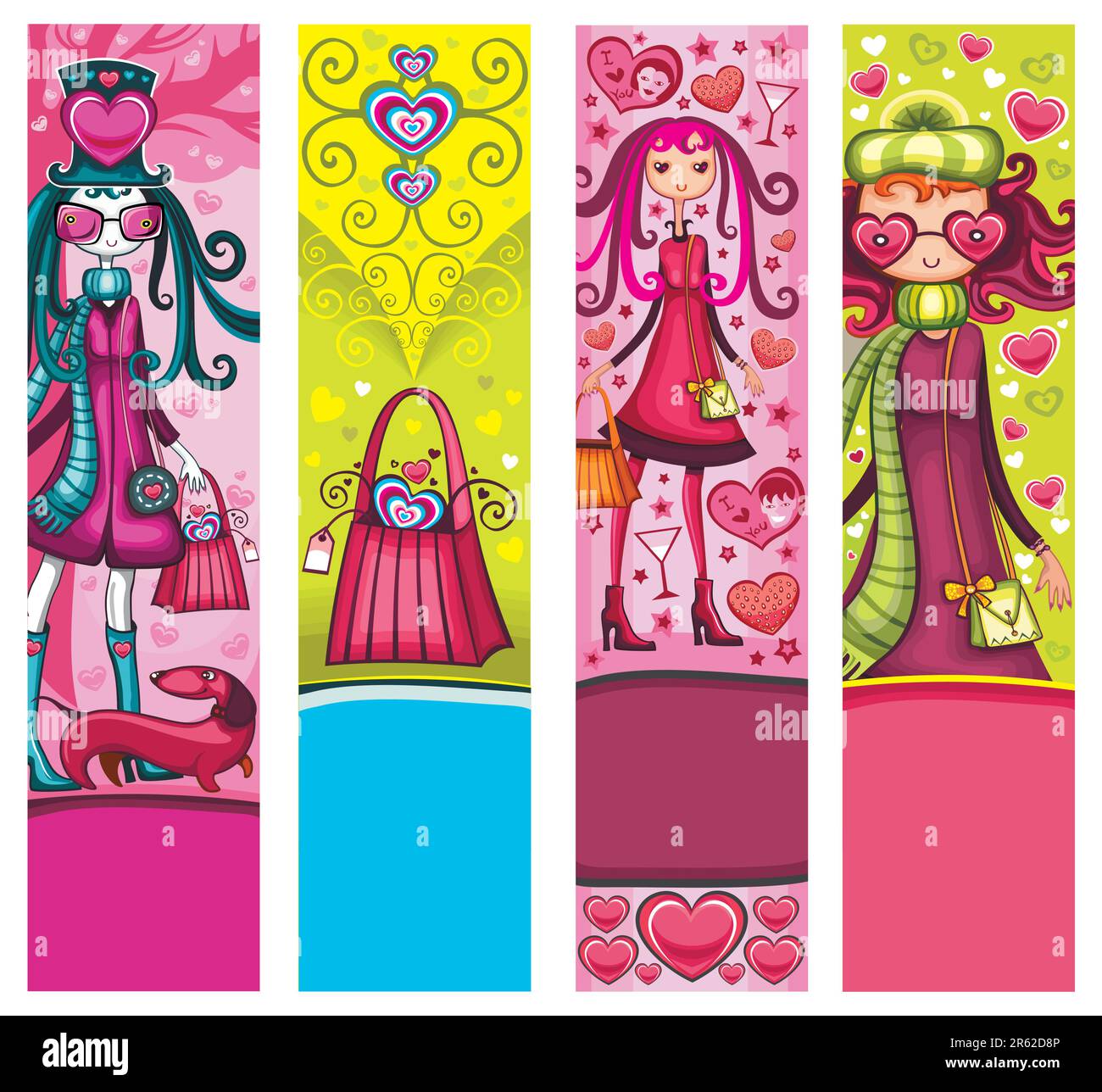 Valentinstag-Banner mit Modemädchen, Herzen, Einkaufstasche, Hund, vielen Valentinstag-Dekorationen. Mit Platz für Ihren Text. Stock Vektor