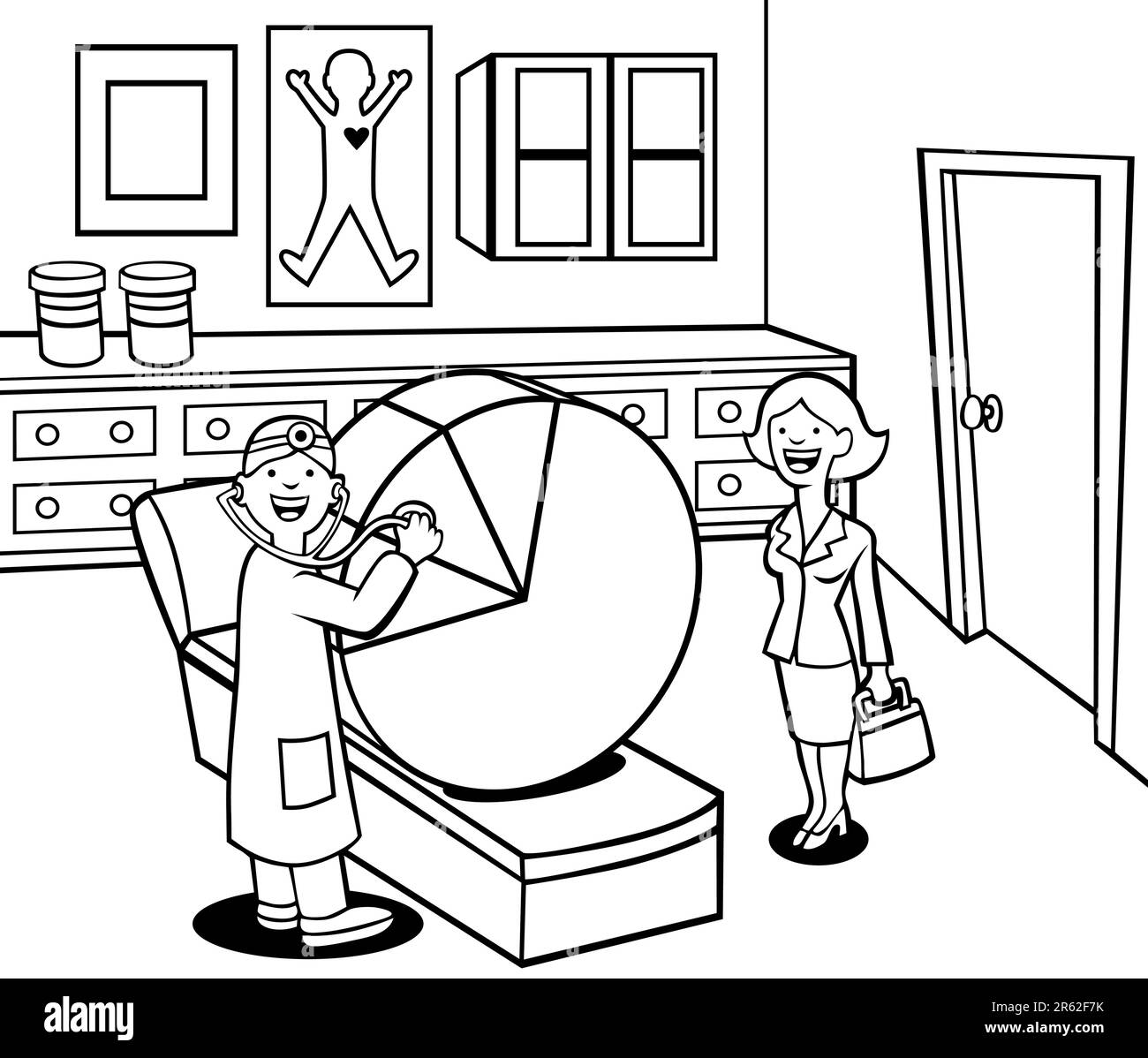 Cartoon eines Arztes, der eine Kuchenakte durchsucht, während eine professionelle Frau zusieht. Stock Vektor