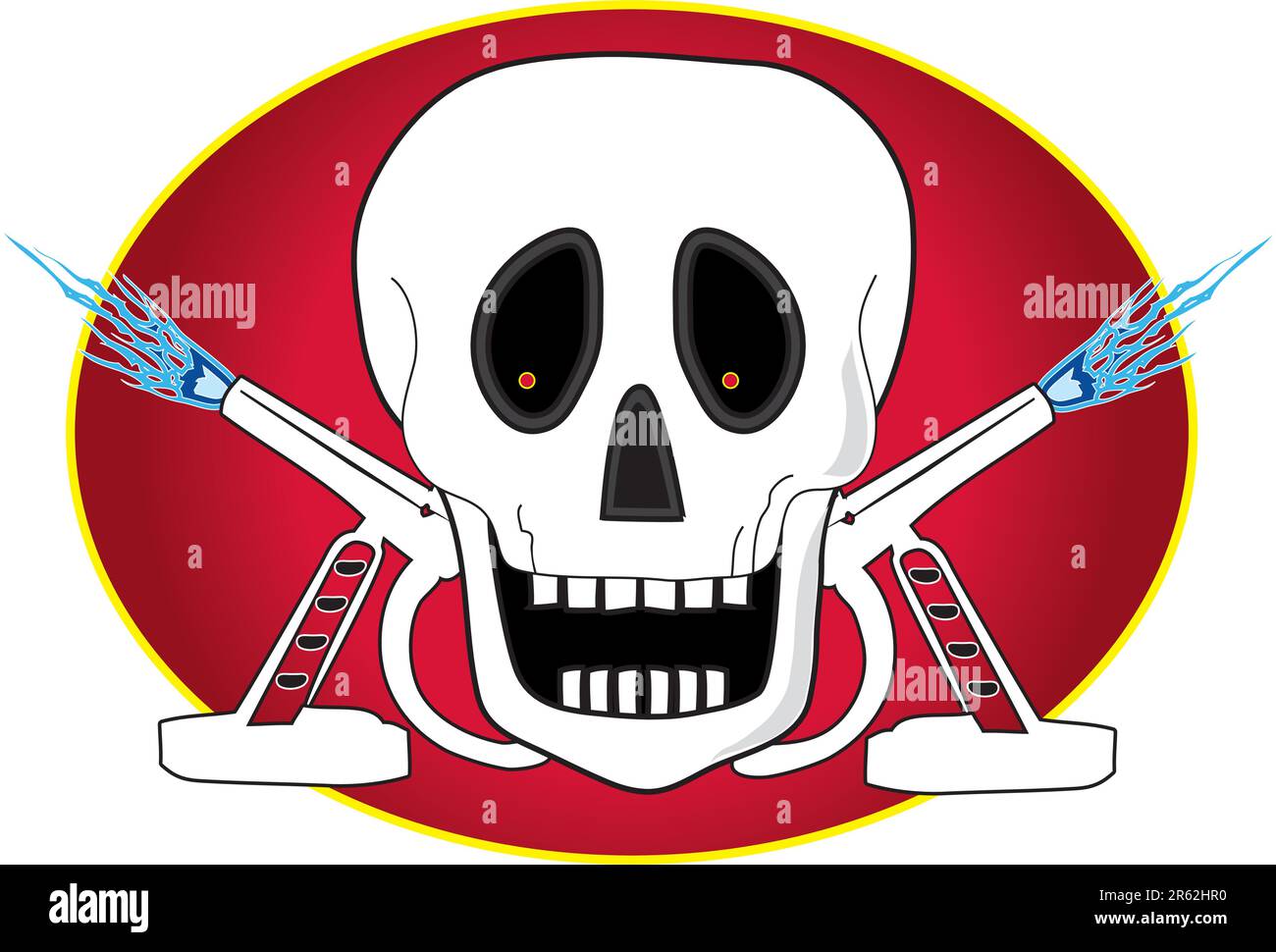 Ein Schädel mit Fackeln und blauen Flammen auf rotem ovalem Hintergrund Stock Vektor