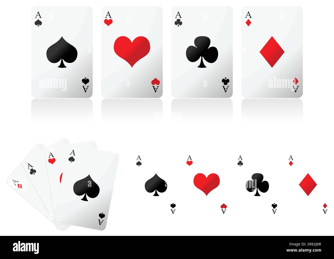 Karten auf weißem Hintergrund spielen. Vier Asse Pokerhand. Stock Vektor