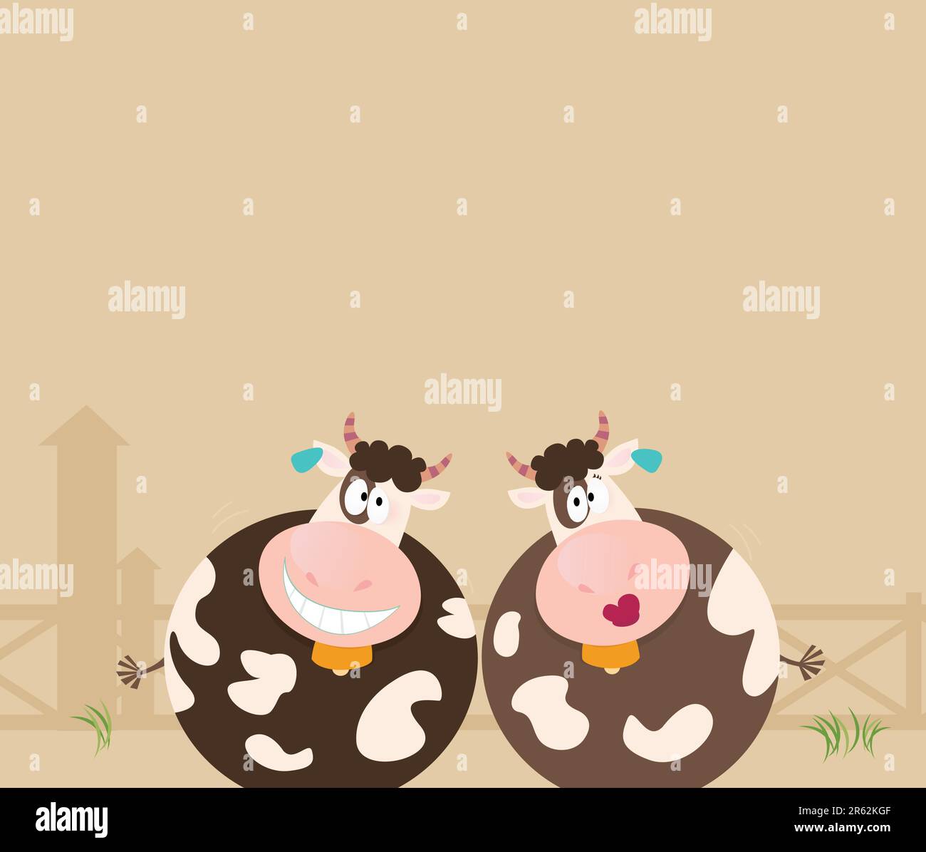 Zwei glückliche Tiere auf dem Hof. Illustration von fröhlichen Kuhfiguren. Stock Vektor