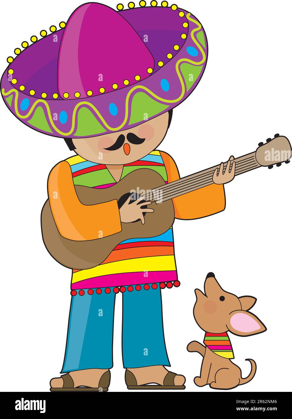Ein Mexikaner, der Gitarre spielt und sein kleines chihuahua singt Stock Vektor