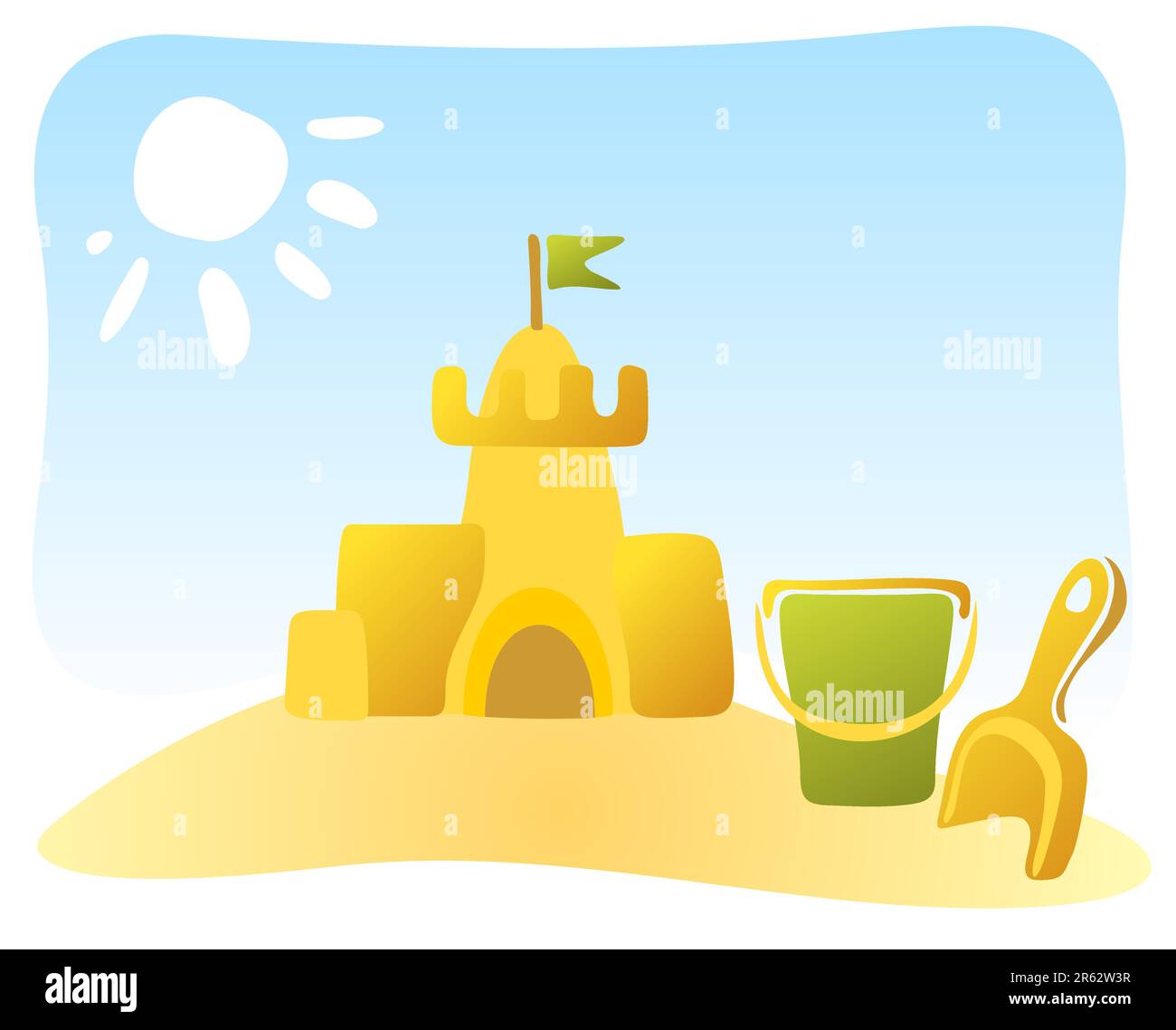 Kunstvoll verzierte Sandburg und Strandspielzeug auf dem Hintergrund des Himmels. Stock Vektor