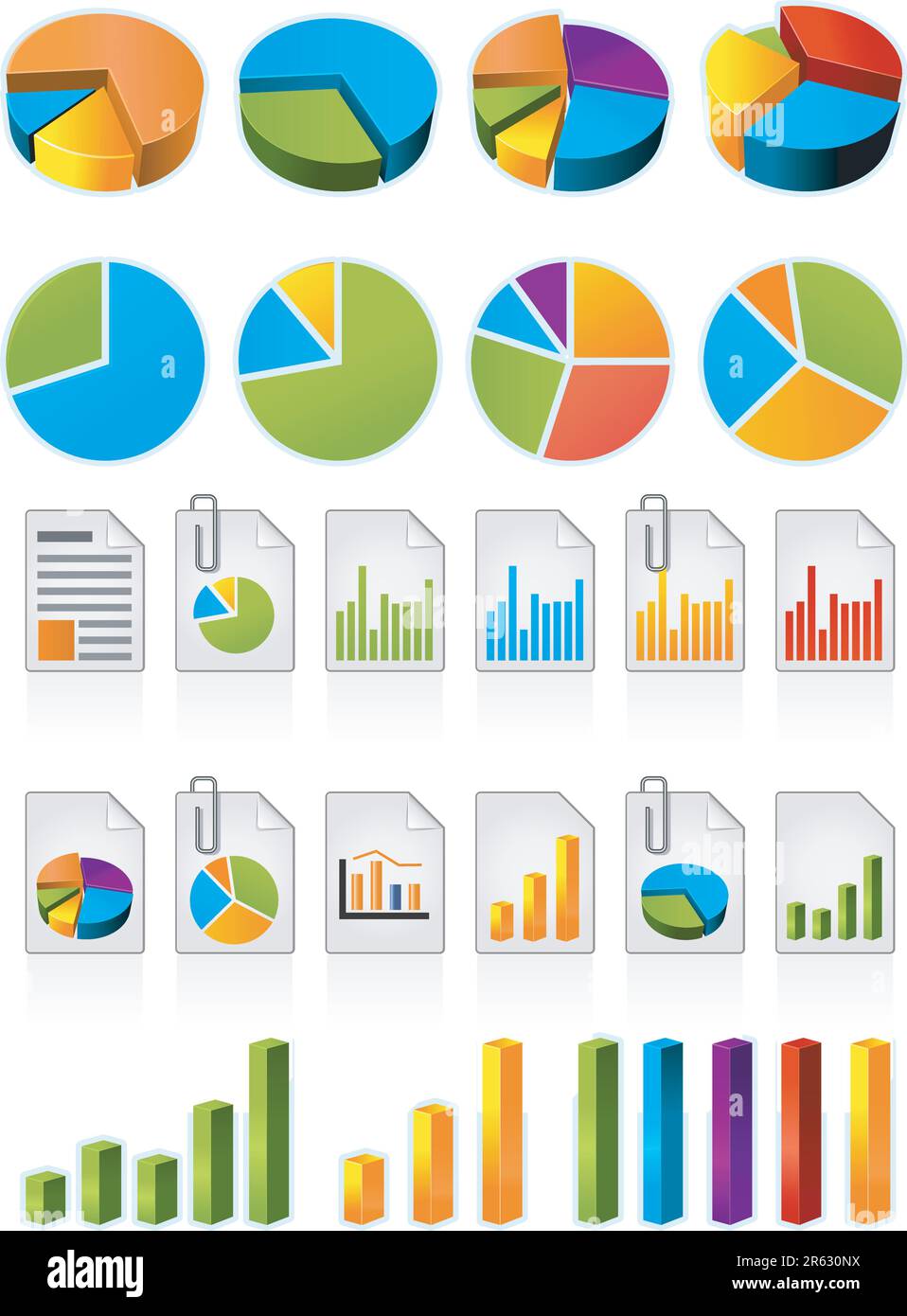 Dreidimensionale Tortendiagramme und Dateisymbole Stock Vektor