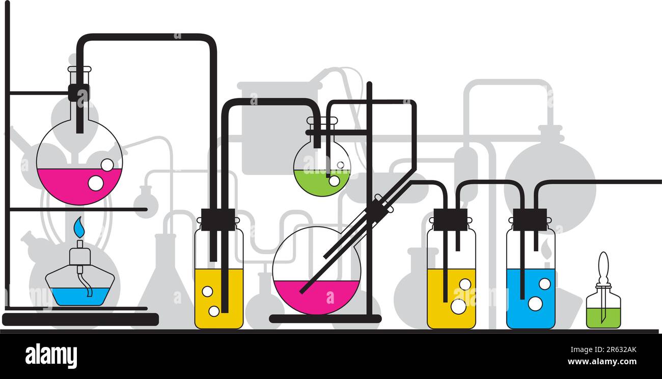 Der farbenfrohe Hintergrund von chemischen Glasgeräten Stock Vektor