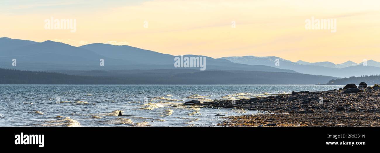 Sonnenuntergang in Pastellorange über einem nördlichen See im Yukon Territory im Sommer mit Wellen, Bergen und malerischem Blick auf die Natur. Stockfoto