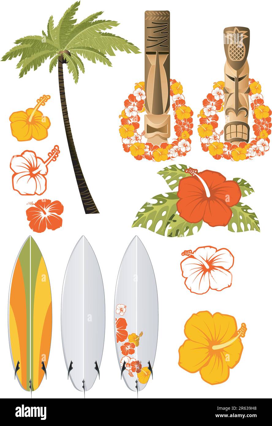 Hawaiianische Rest-Attribute, Hibiskus, Surfbretter und Tikis Stock Vektor
