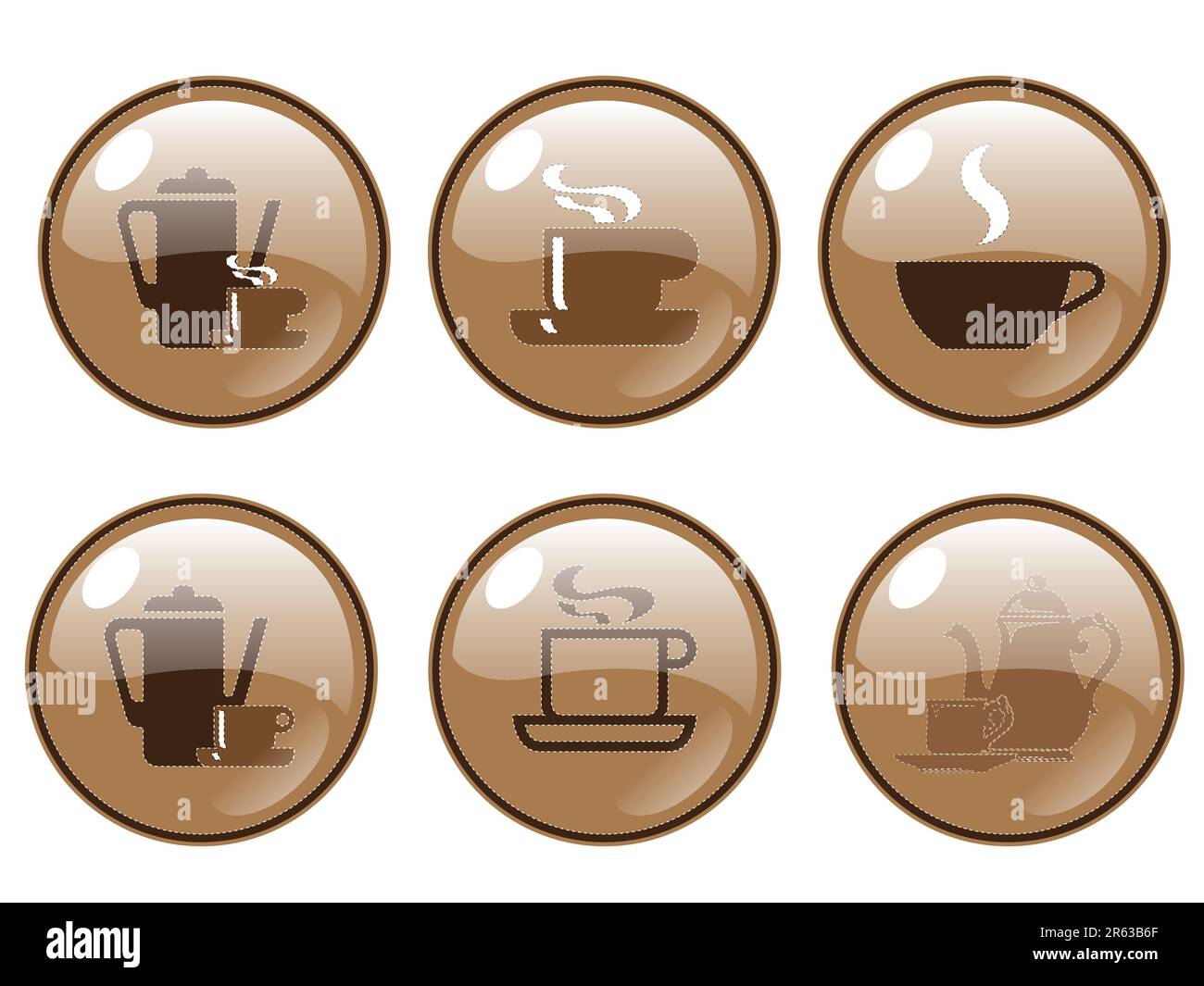 Auf weißem Hintergrund sechs verschiedene Logos für die glänzende Kaffeebar. Sie können es als Logo oder als einfache Schaltfläche verwenden. Stock Vektor