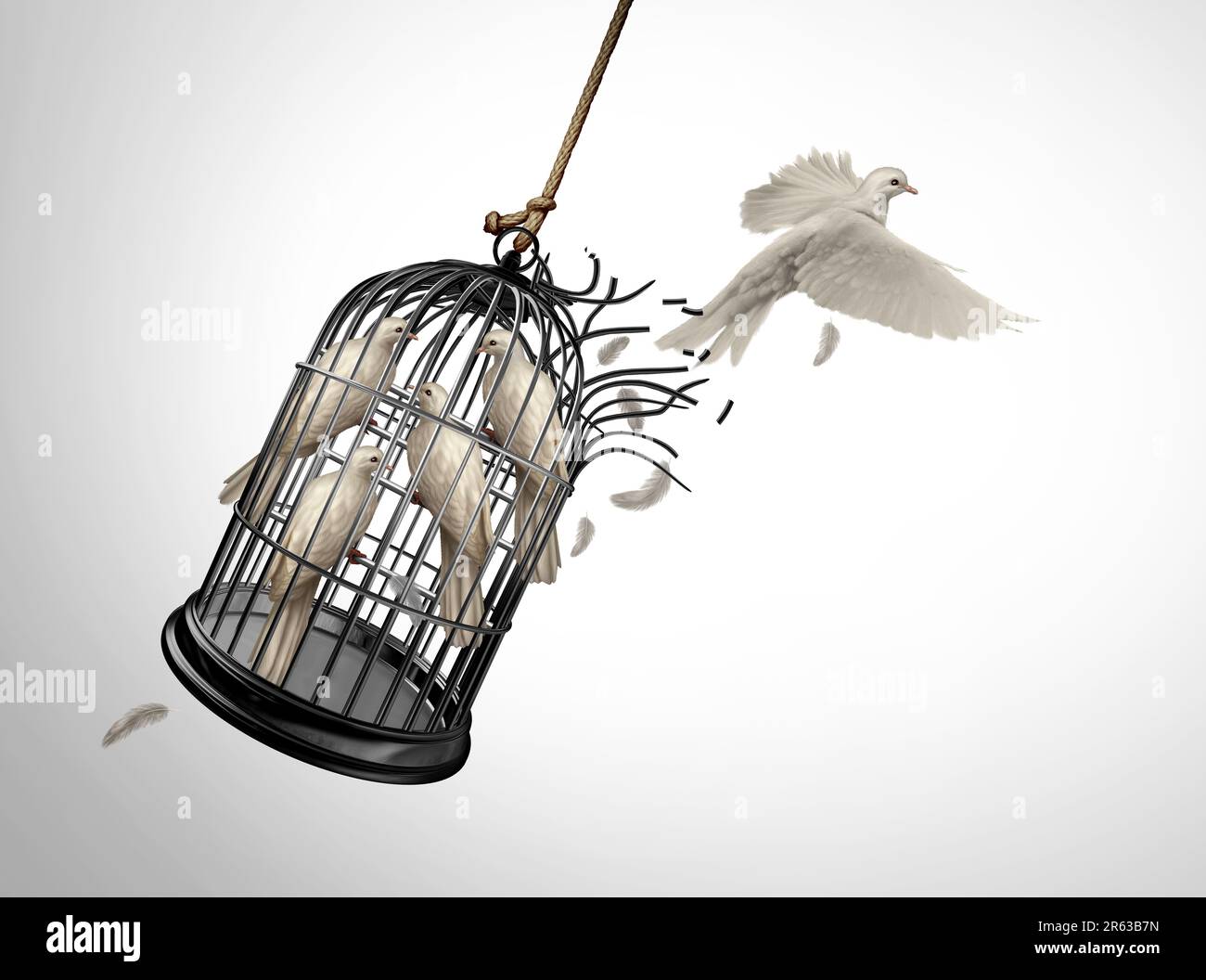 Grenzüberschreitung und Freiheitskonzept wie ein Vogel, der einem Käfig mit inhaftierten Vögeln entkommt, als Symbol für Individualismus und Zweckmäßigkeit Stockfoto