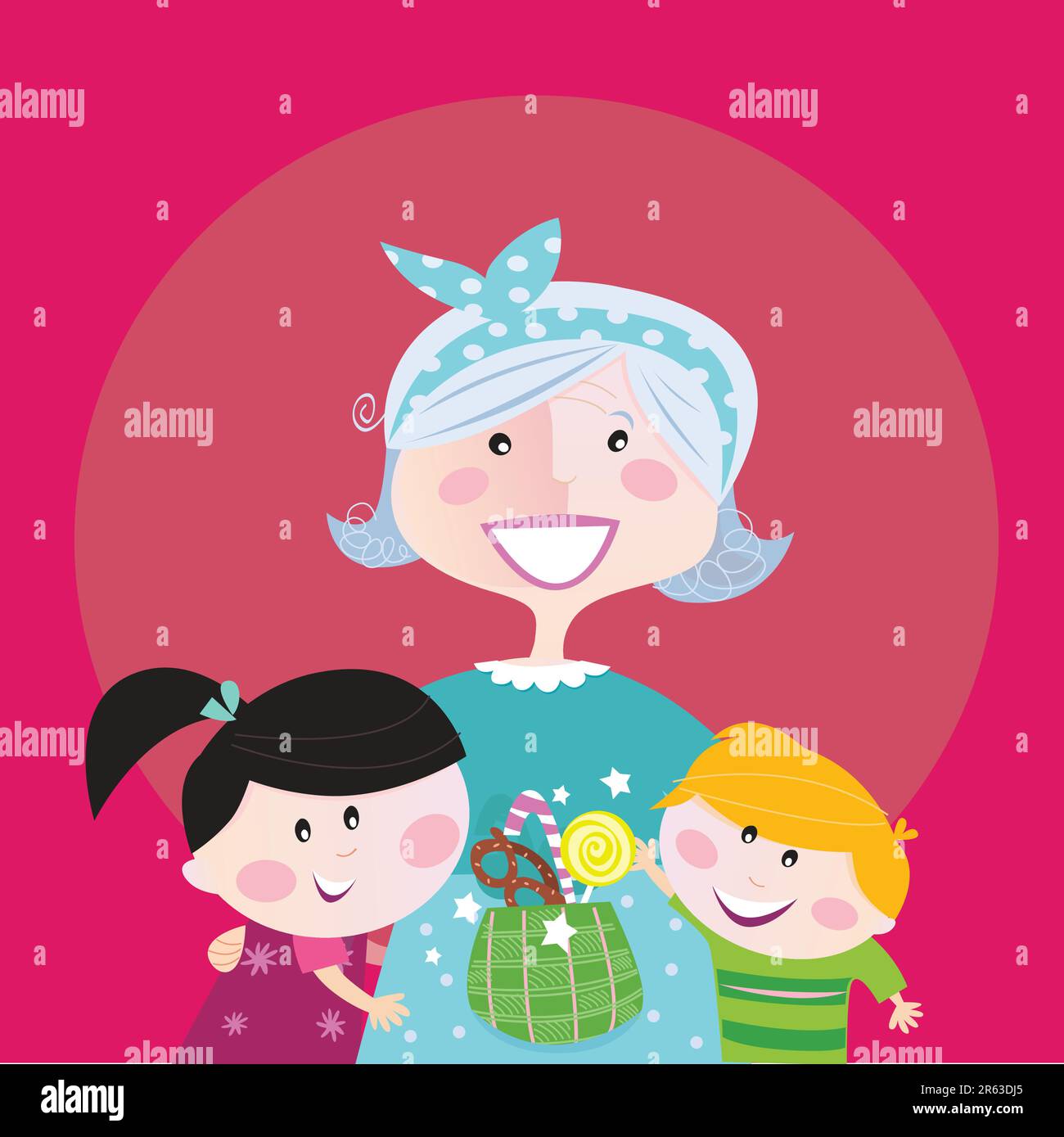 Supergroßmutter mit Kindern - Enkeltochter und Enkelsohn. Junge und Mädchen umarmen ihre Oma. Der Junge nimmt süße Süßigkeiten. Stilisierter Vektorcartoon illustr... Stock Vektor