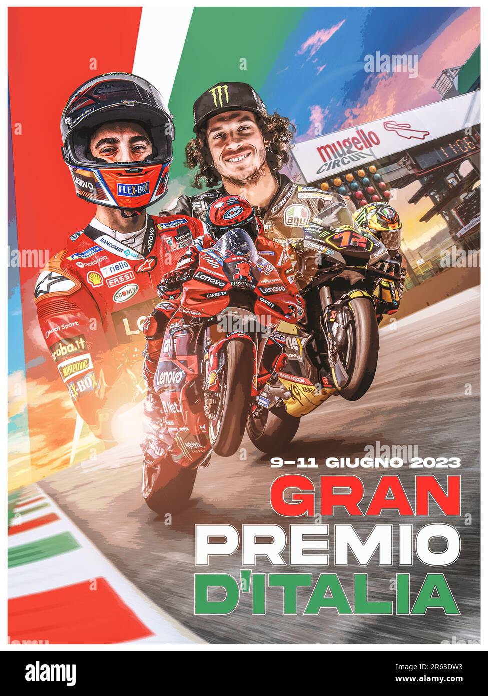 Italienisches Moto GP 2023-Rennwochenende-Poster Stockfoto