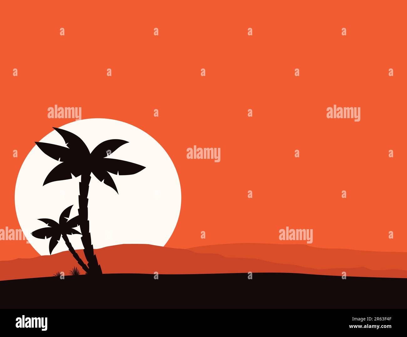 Vektordarstellung des tropischen Urlaubshintergrunds. Schwarze Palmensilhouette und Sonne hinter den Hügeln. Stock Vektor