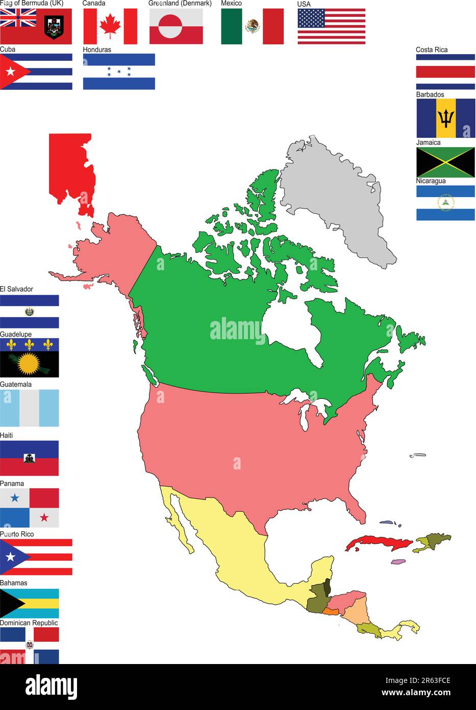 Karte von Nord- und Mittelamerika mit Landesflaggen Stock Vektor
