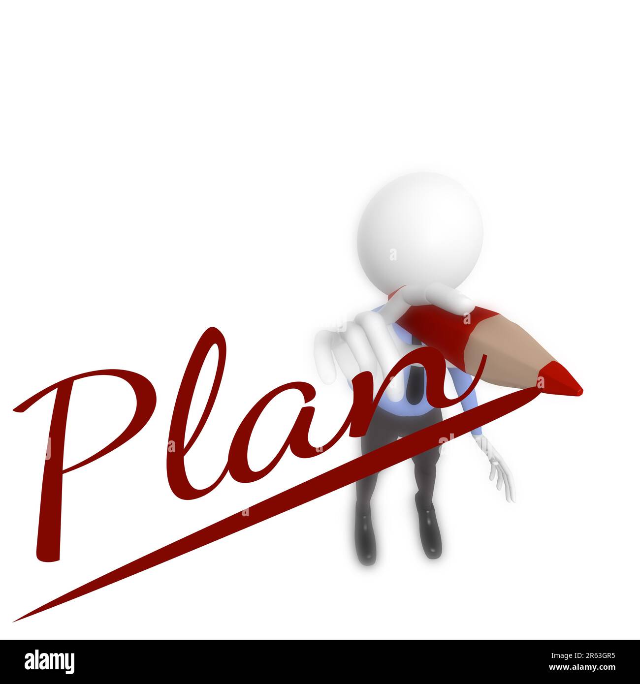 Geschäftsmann mit einem roten Stift und das Wort Plan, selektiver Fokus auf den Bleistift, 3D-Rendering Stockfoto