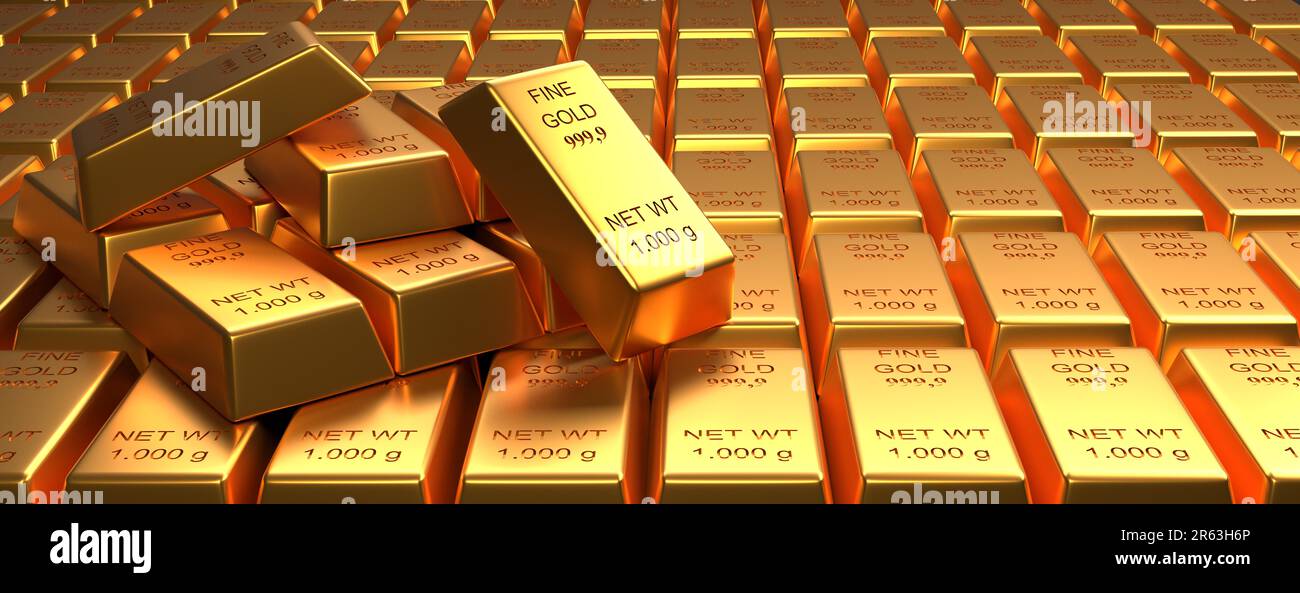 Gestapelte Gold Bars, 3D-Rendering, Financial Concept panorama Stockfoto