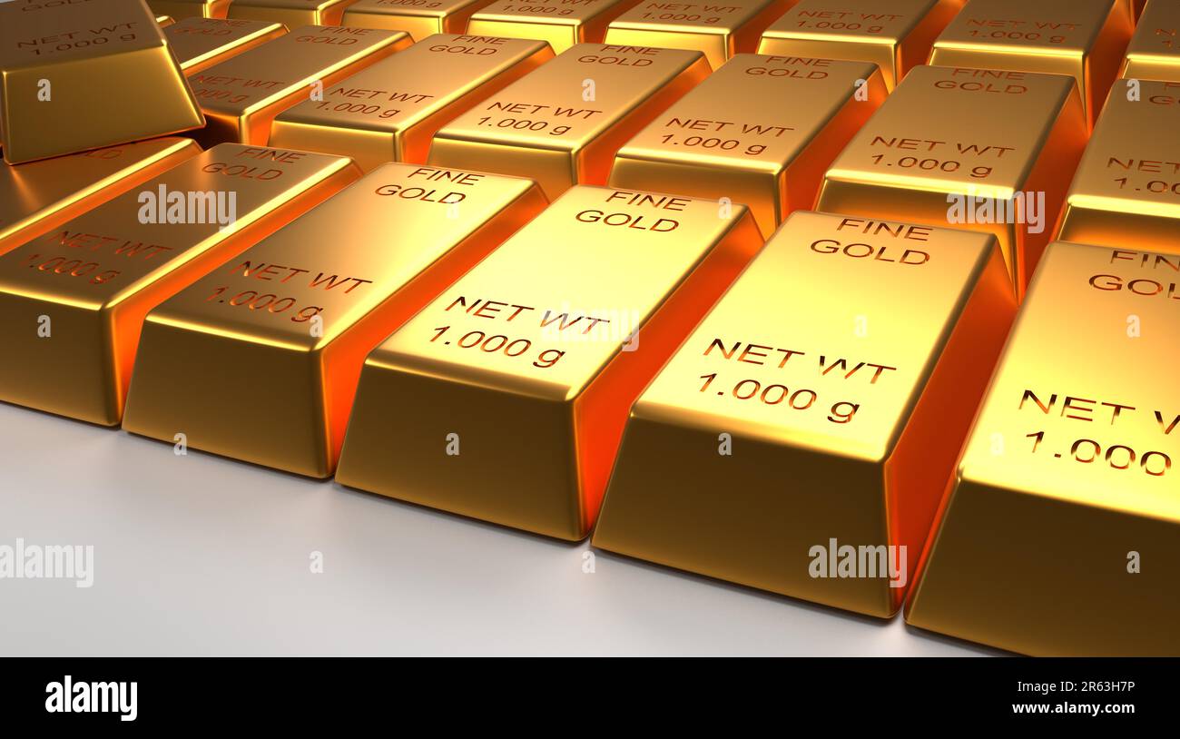 Gestapelte Gold Bars auf einem hellen Hintergrund, 3D-Rendering, Finanzkonzept Stockfoto