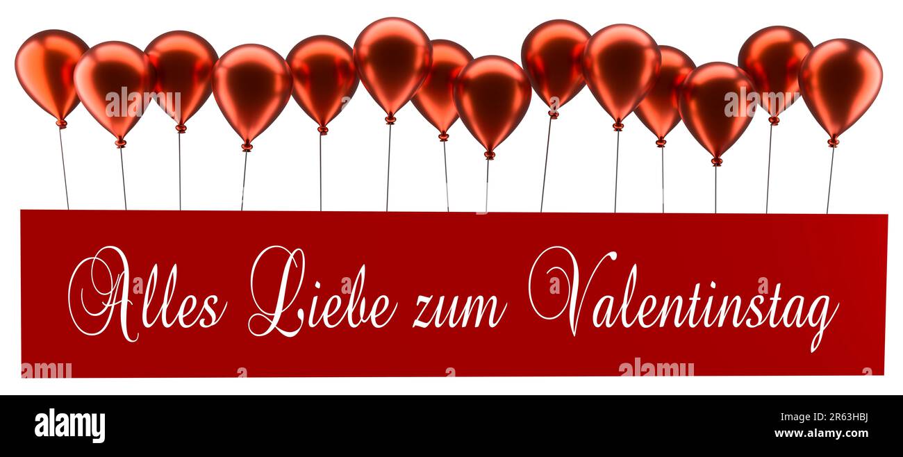 Glänzend rote Luftballons mit den deutschen Worten Happy Valentines Tag auf einem großen, roten Karte, 3D-Rendering mit weißem Hintergrund Stockfoto