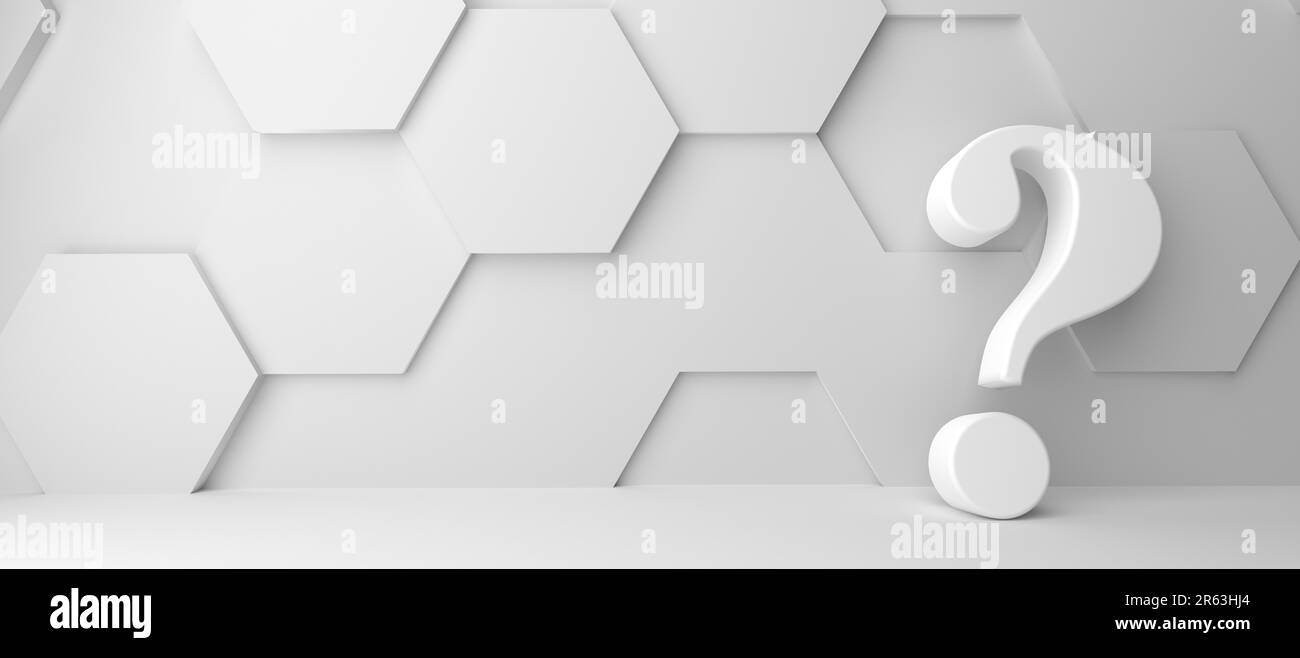 Feines 3d-Konzept mit einem weißen Fragezeichen-Symbol in einem modernen weißen Sechseck-Raum mit Platz für Text Stockfoto