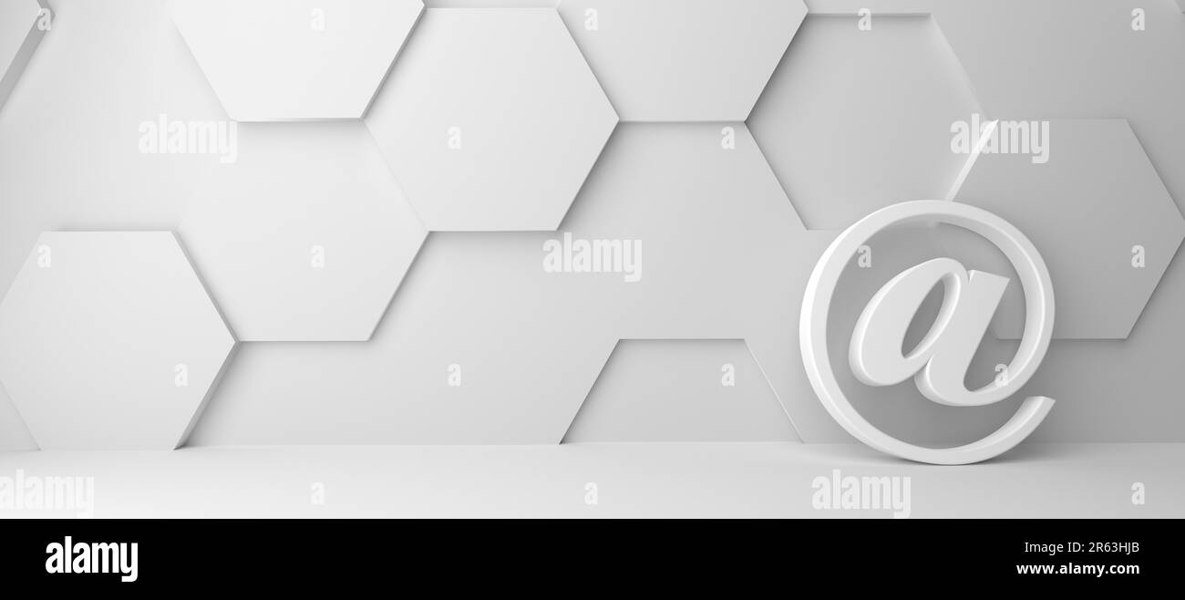 Feines 3d-Konzept mit einem weißen @ (AT)-Symbol in einem modernen weißen Sechseck-Raum mit Platz für Text Stockfoto